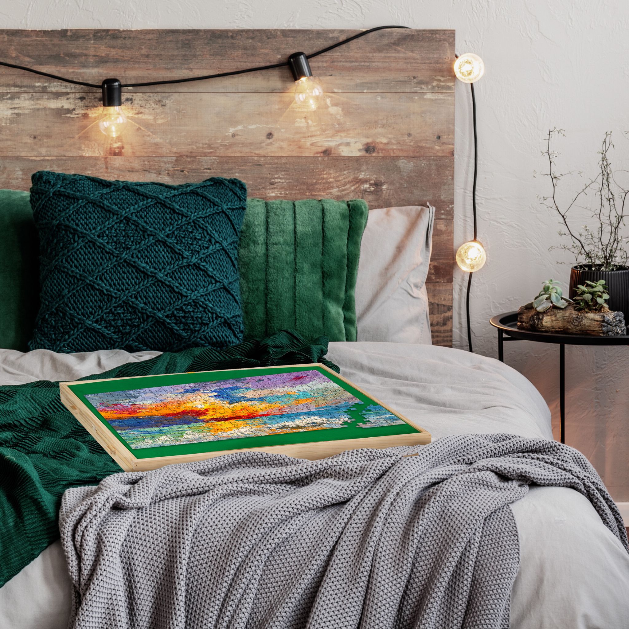 Puzzletisch mit 4 Schubladen Gelb-Grün-Hellbraun von Relaxdays
