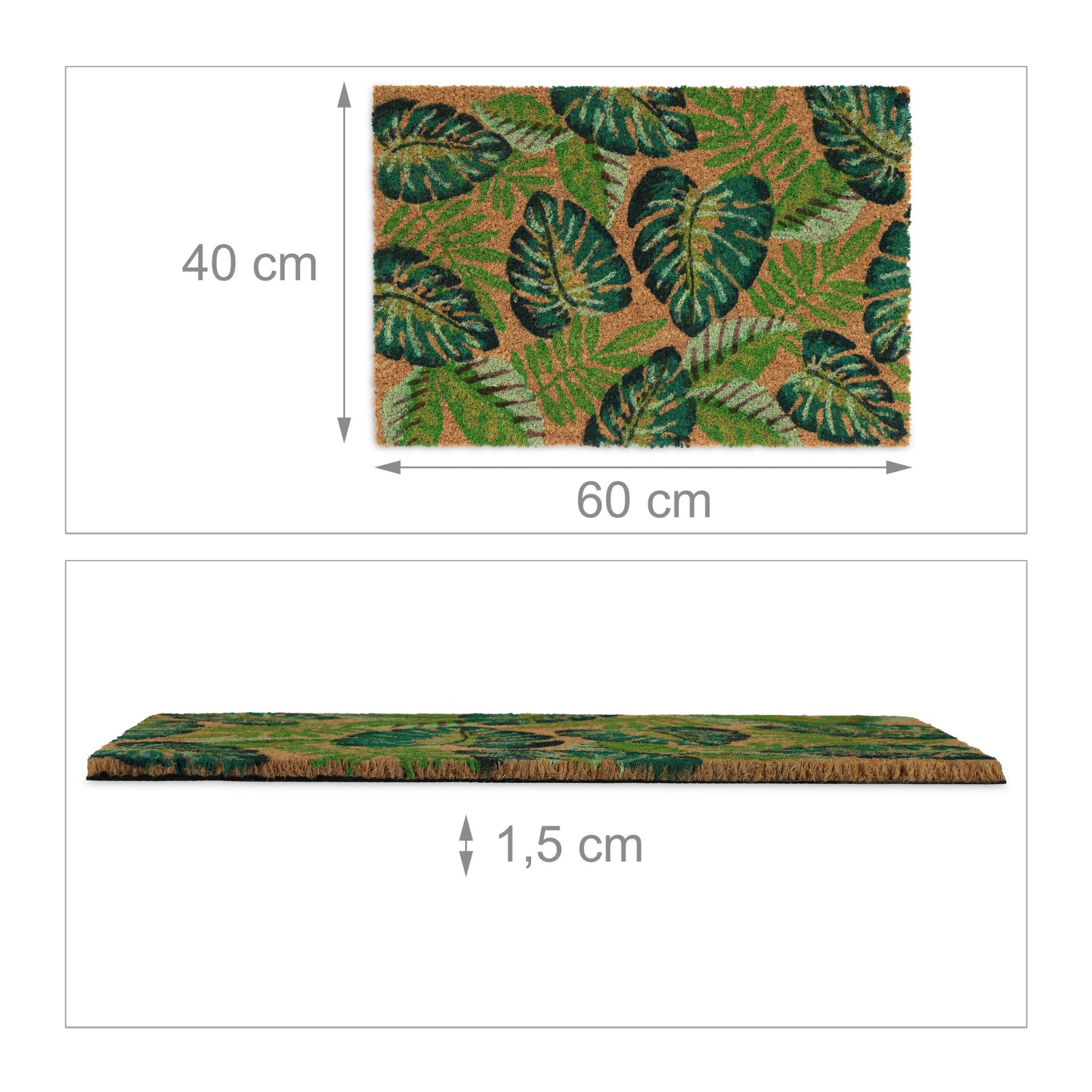 Kokos Fussmatte Monstera-Blätter Dunkelgrün-Grün-Hellbraun von Relaxdays