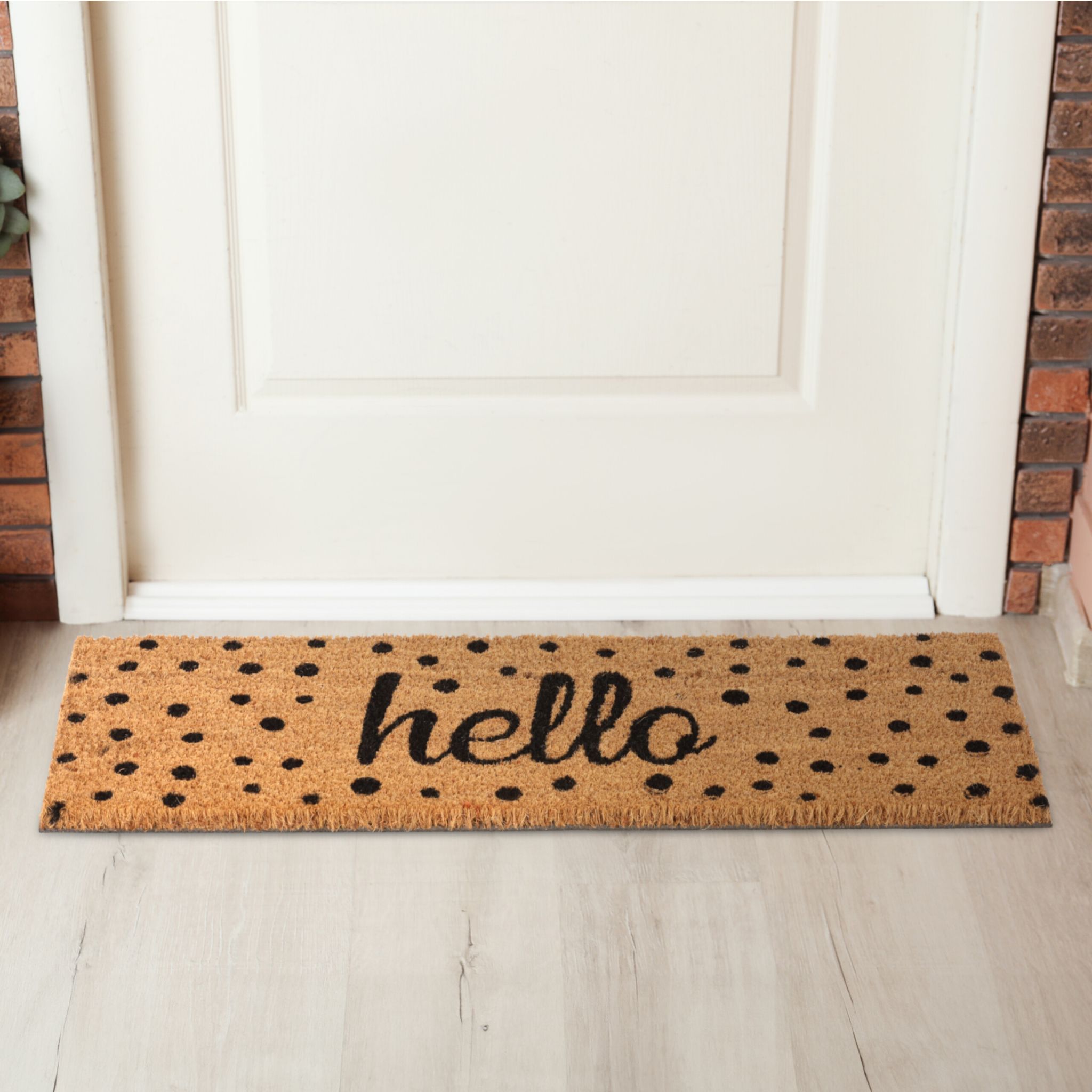Kokos Fussmatte Hello mit Punkten Hellbraun-Schwarz von Relaxdays
