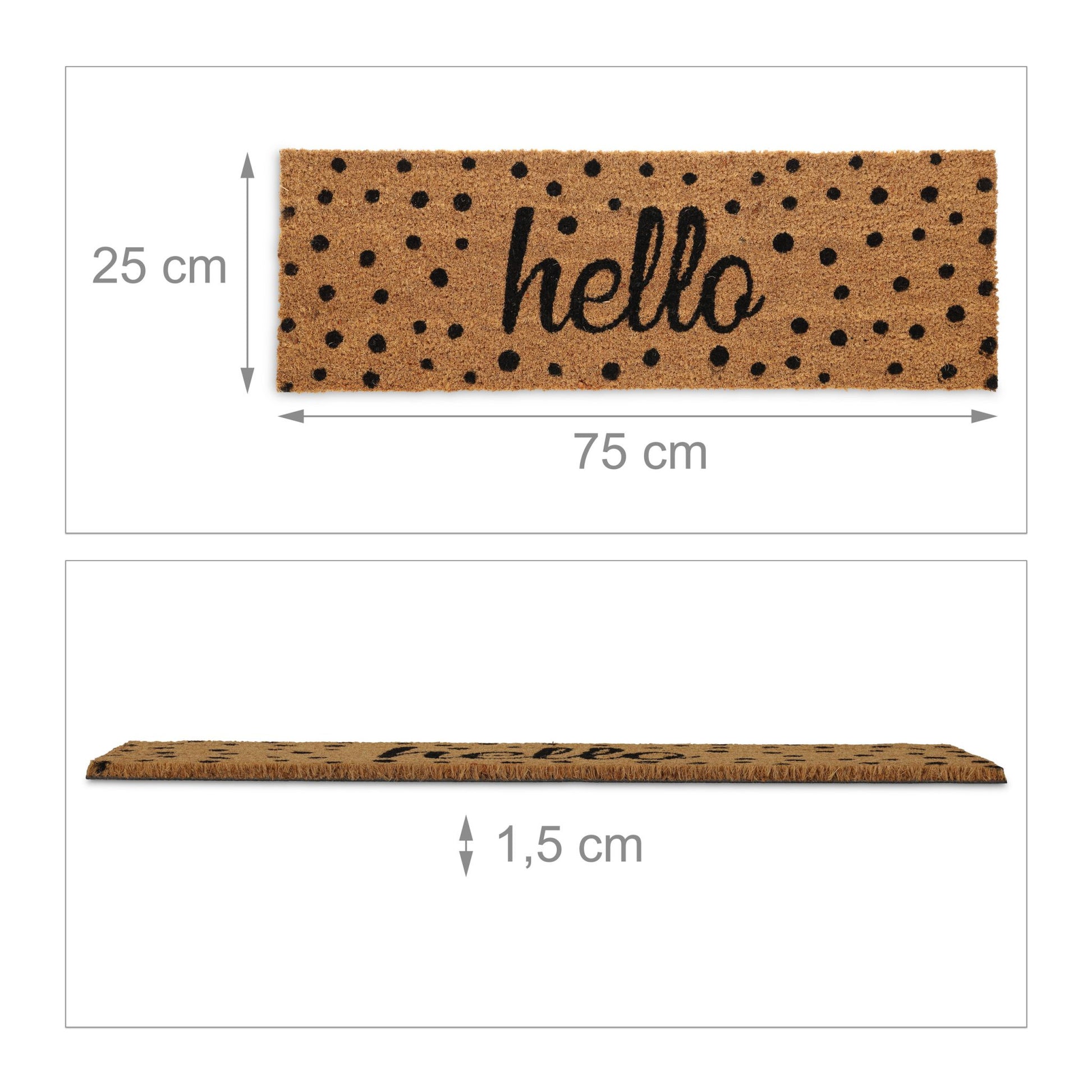 Kokos Fussmatte Hello mit Punkten Hellbraun-Schwarz von Relaxdays