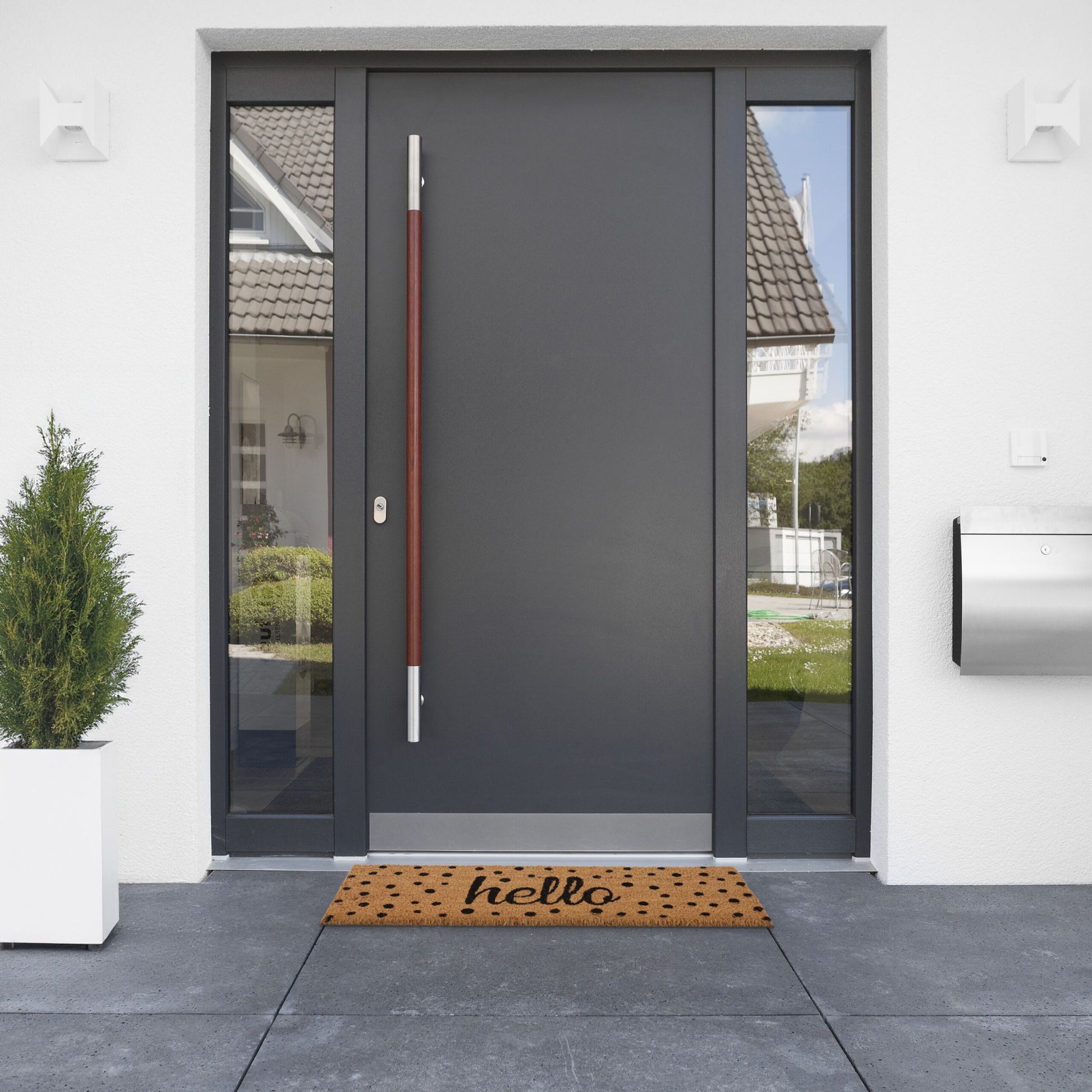 Kokos Fussmatte Hello mit Punkten Hellbraun-Schwarz von Relaxdays