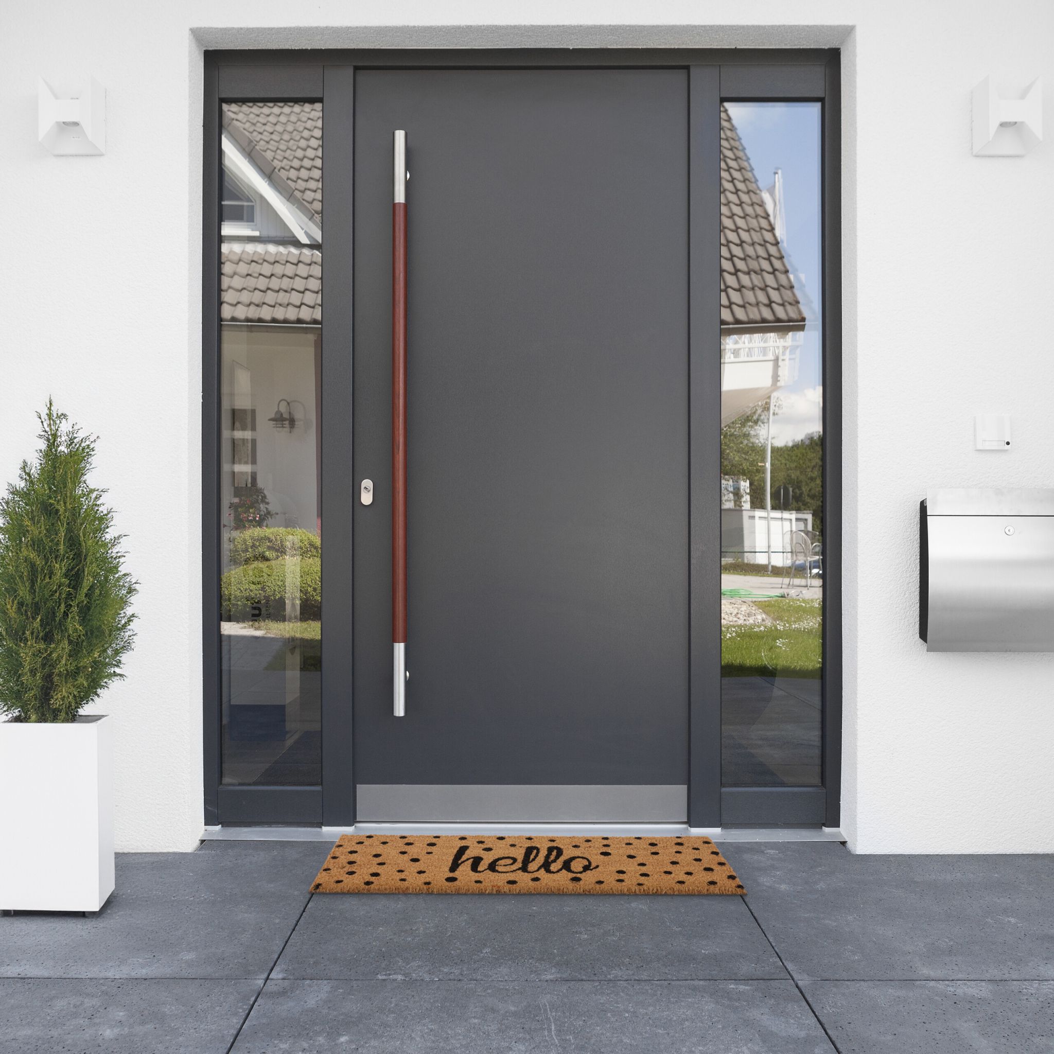 Kokos Fussmatte Hello mit Punkten Hellbraun-Schwarz von Relaxdays