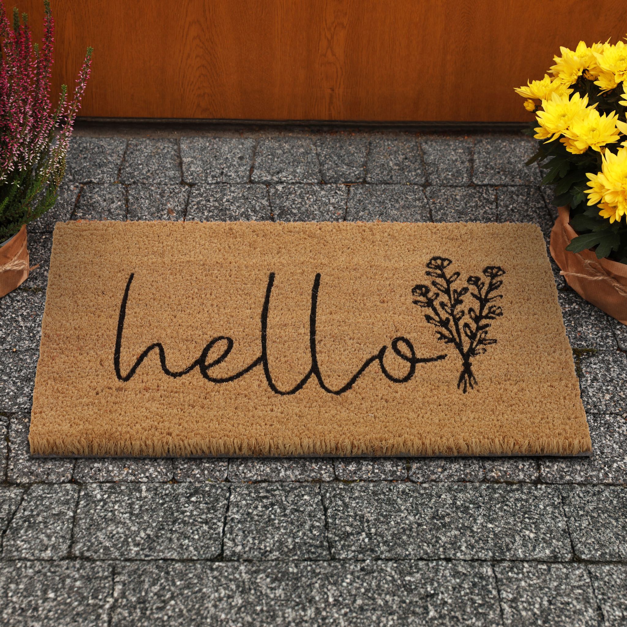 Kokos Fussmatte Hello Hellbraun-Schwarz von Relaxdays