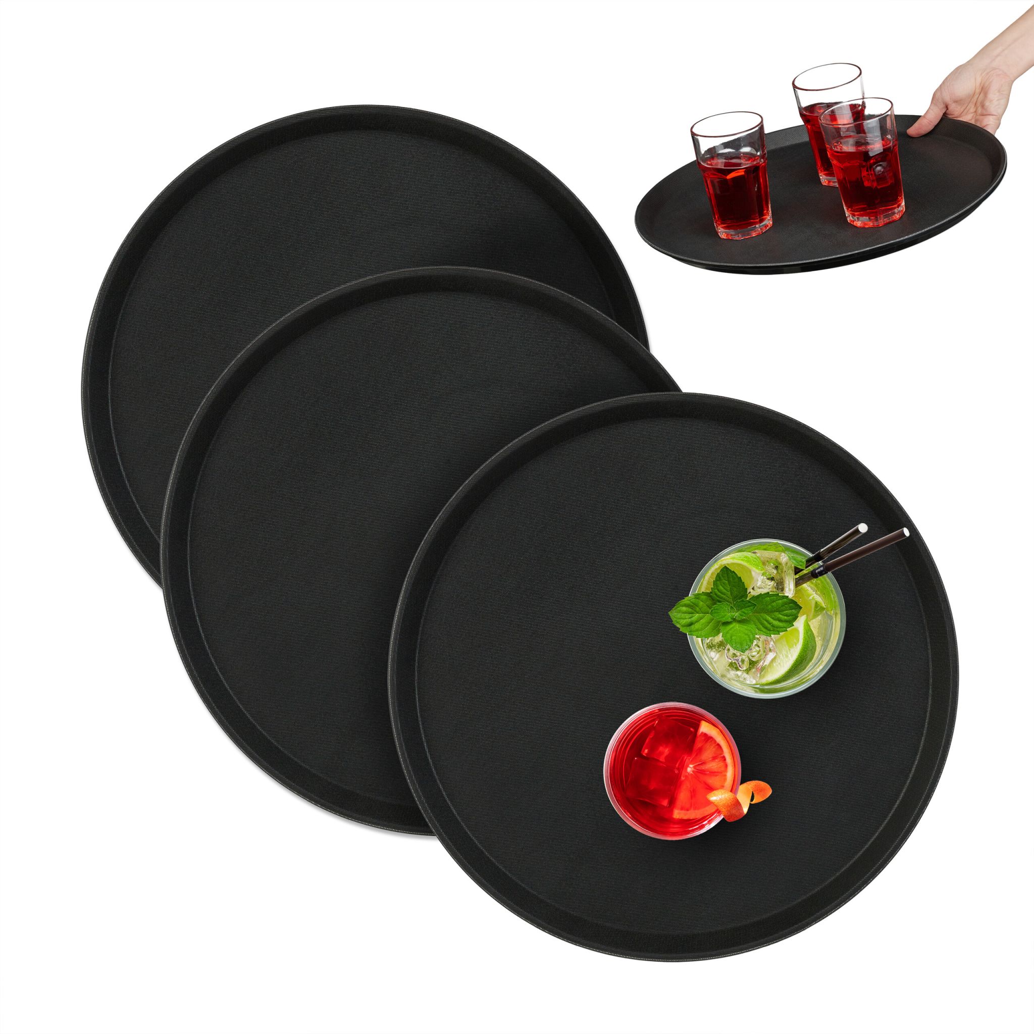 Rundes Serviertablett 3er-Set 40cm Schwarz von Relaxdays