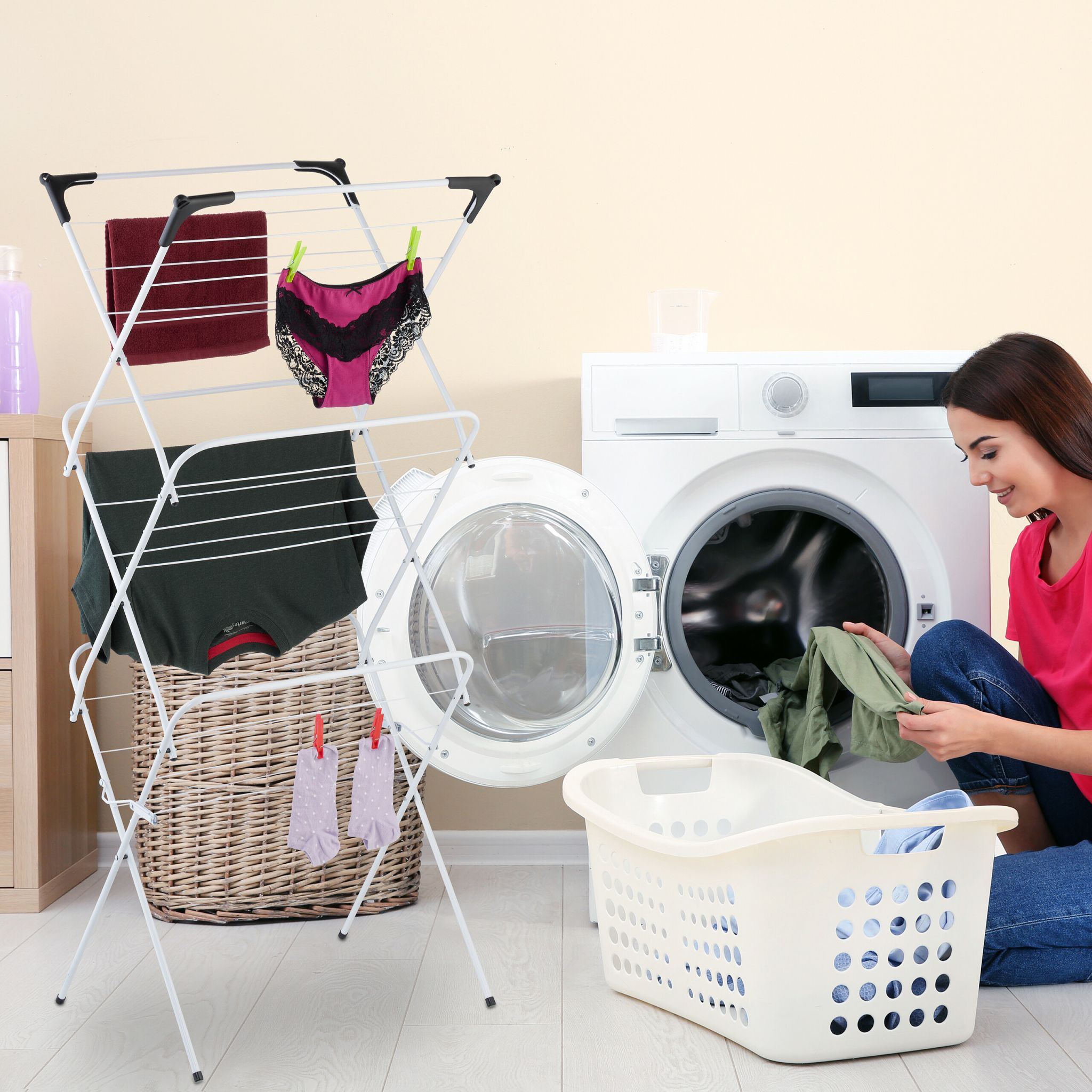 Turm Wäscheständer klappbar Weiss-Schwarz von Relaxdays