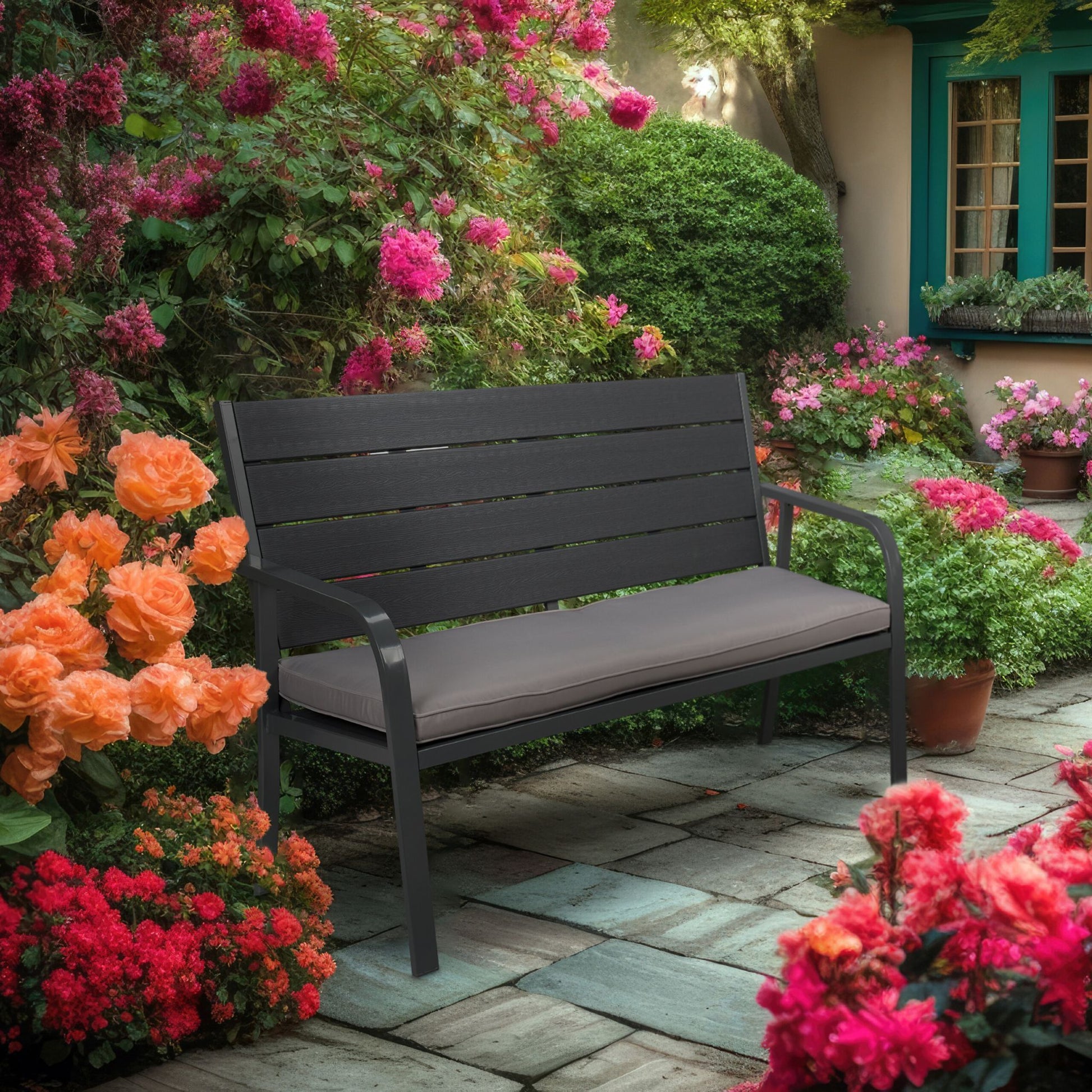 Gartenbank mit Sitzauflage Anthrazit-Grau von Relaxdays