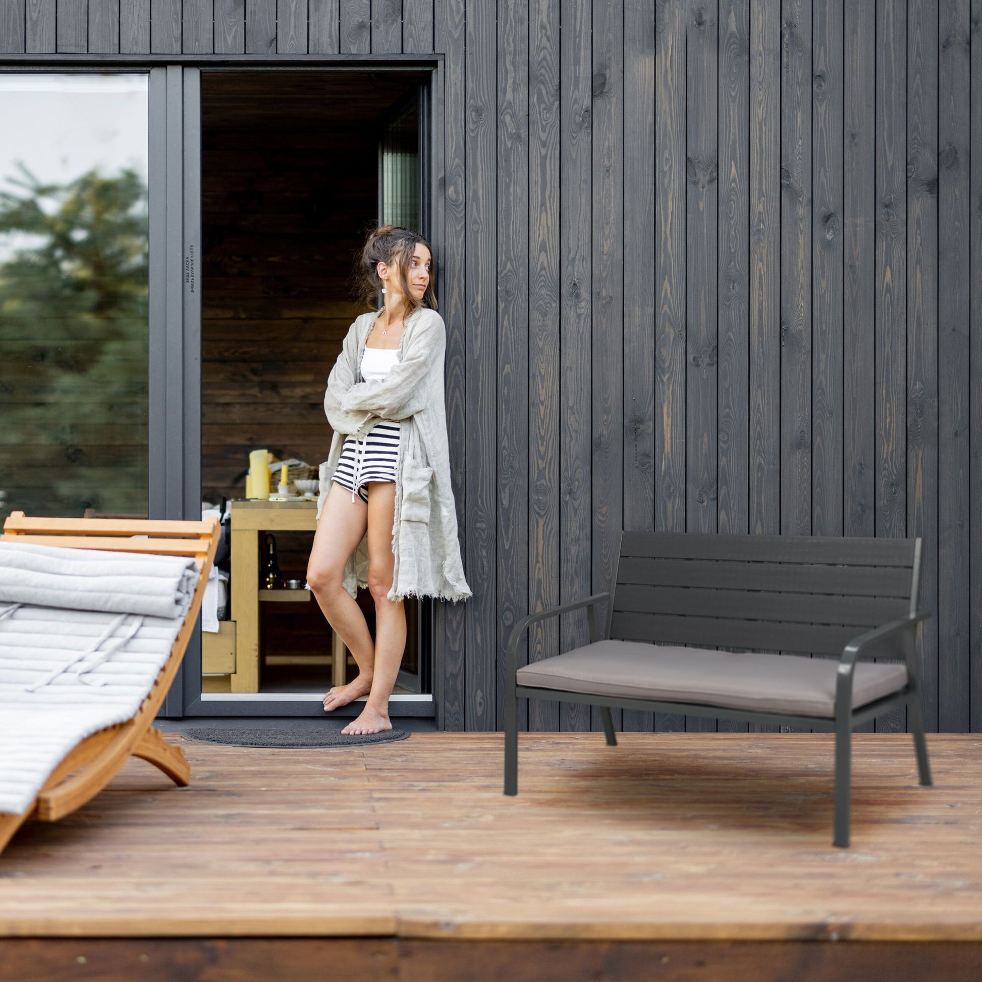 Gartenbank mit Sitzauflage Anthrazit-Grau von Relaxdays