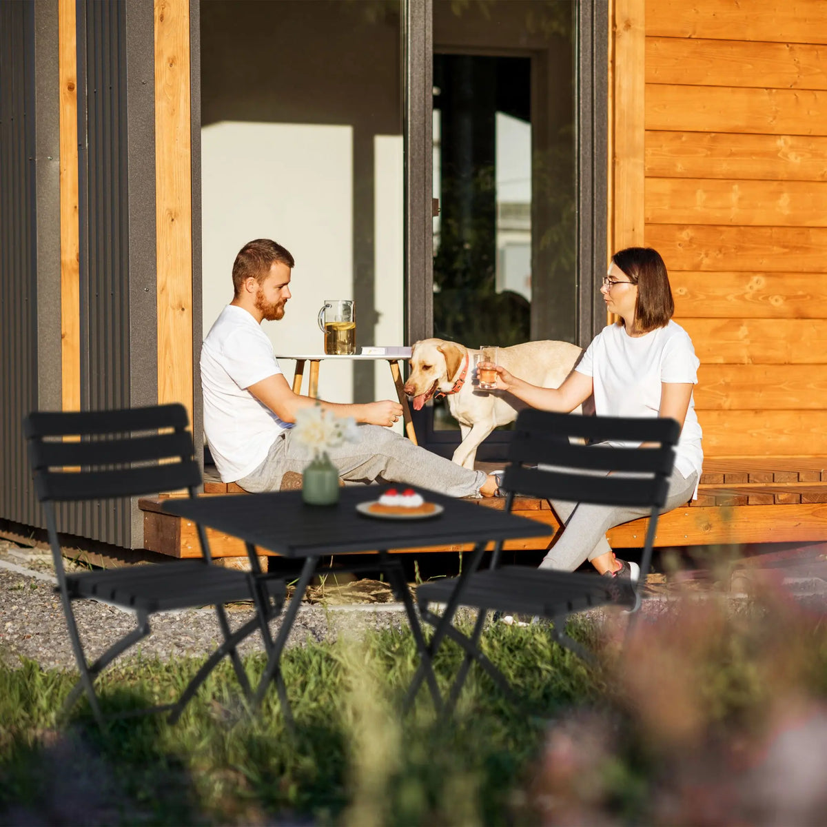 Balkonmöbel Set 3-teilig in Holzoptik Schwarz von Relaxdays