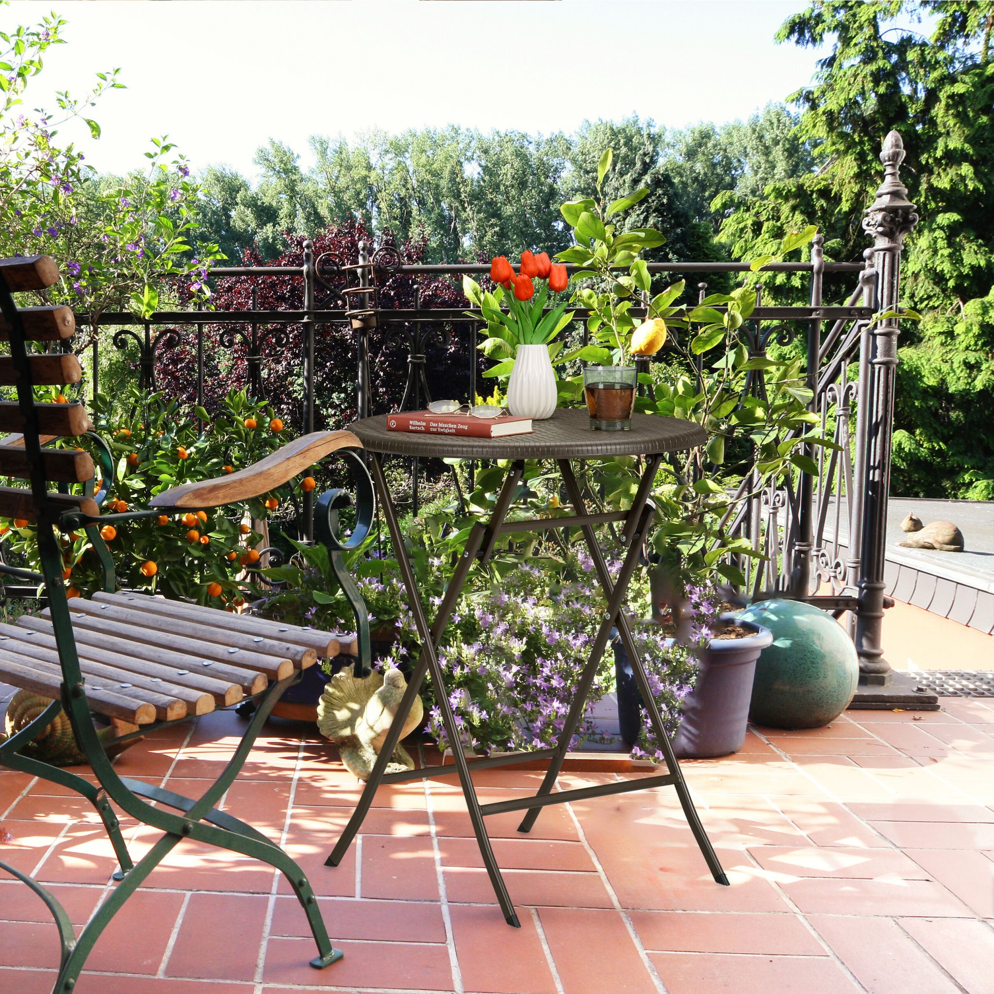 Runder Gartentisch in Rattan-Optik Grau von Relaxdays