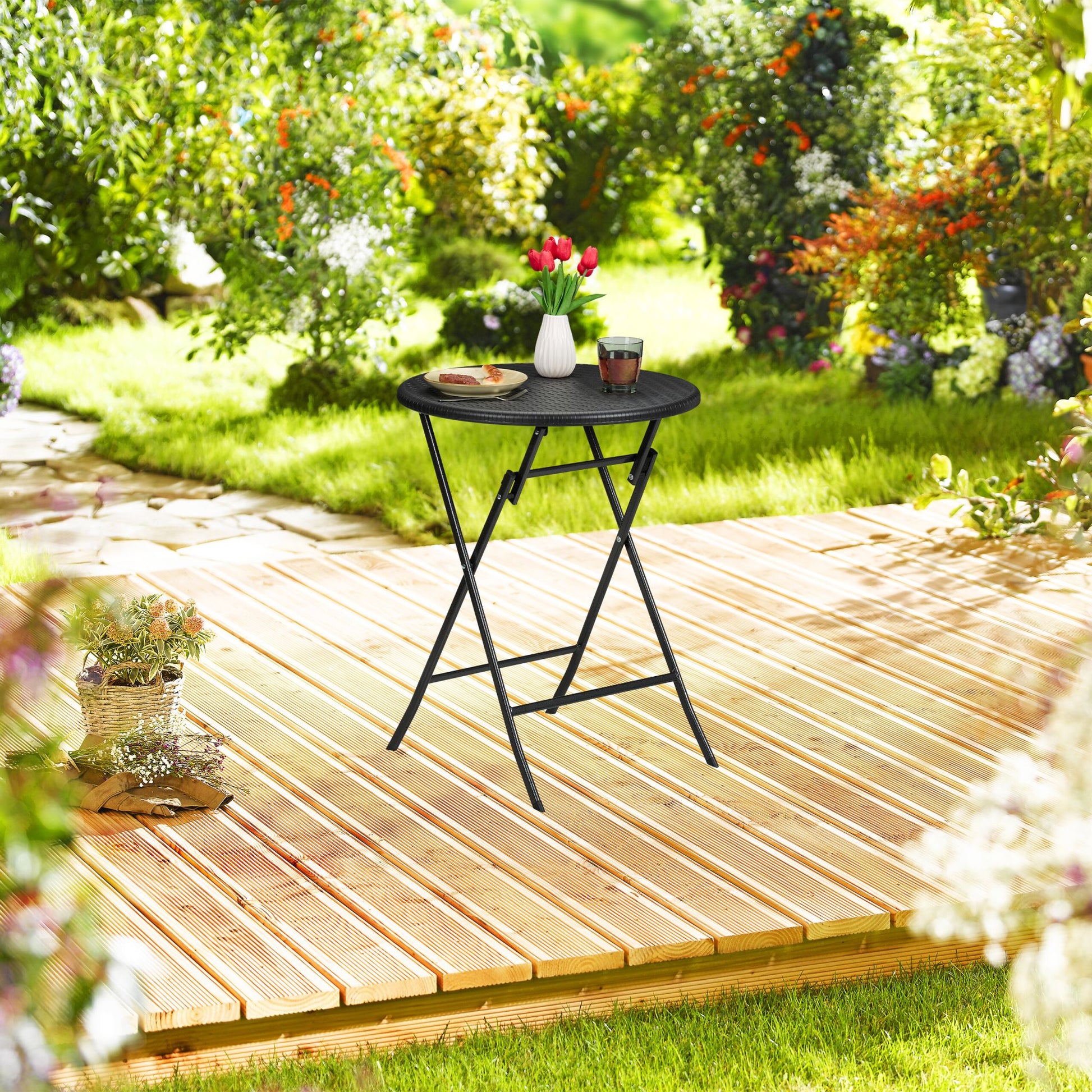 Runder Gartentisch in Rattan-Optik Schwarz von Relaxdays