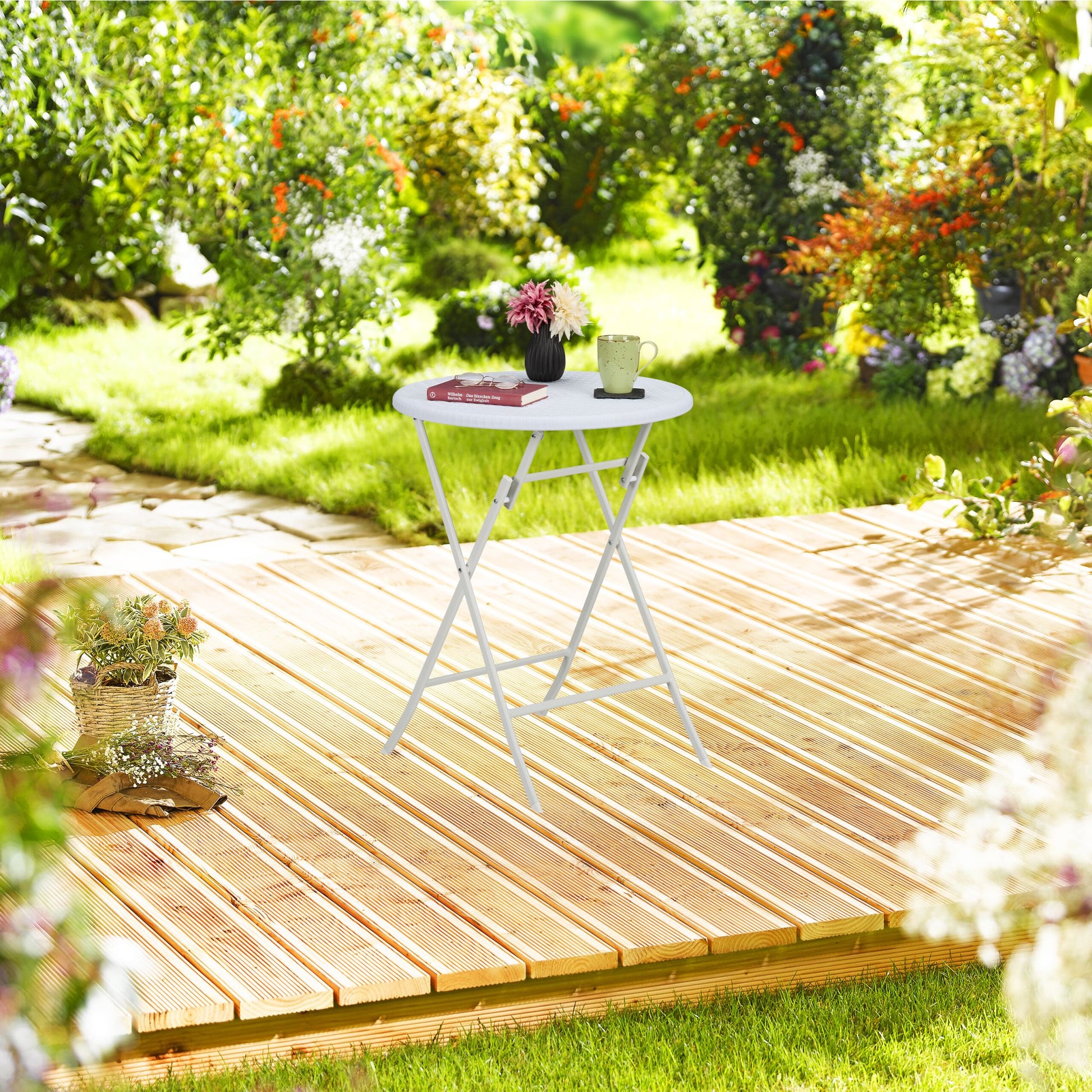 Runder Gartentisch in Rattan-Optik Weiss von Relaxdays
