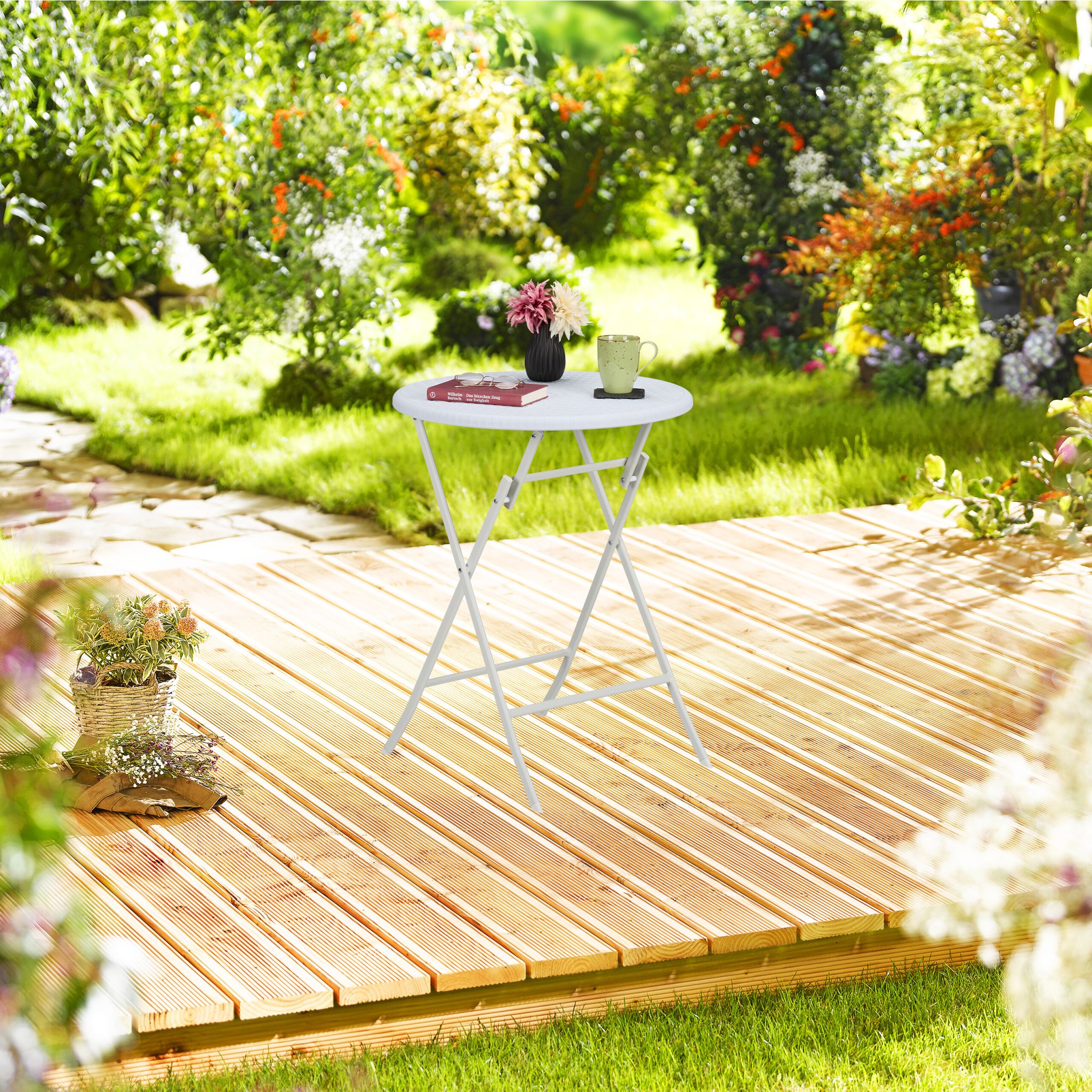 Runder Gartentisch in Rattan-Optik Weiss von Relaxdays