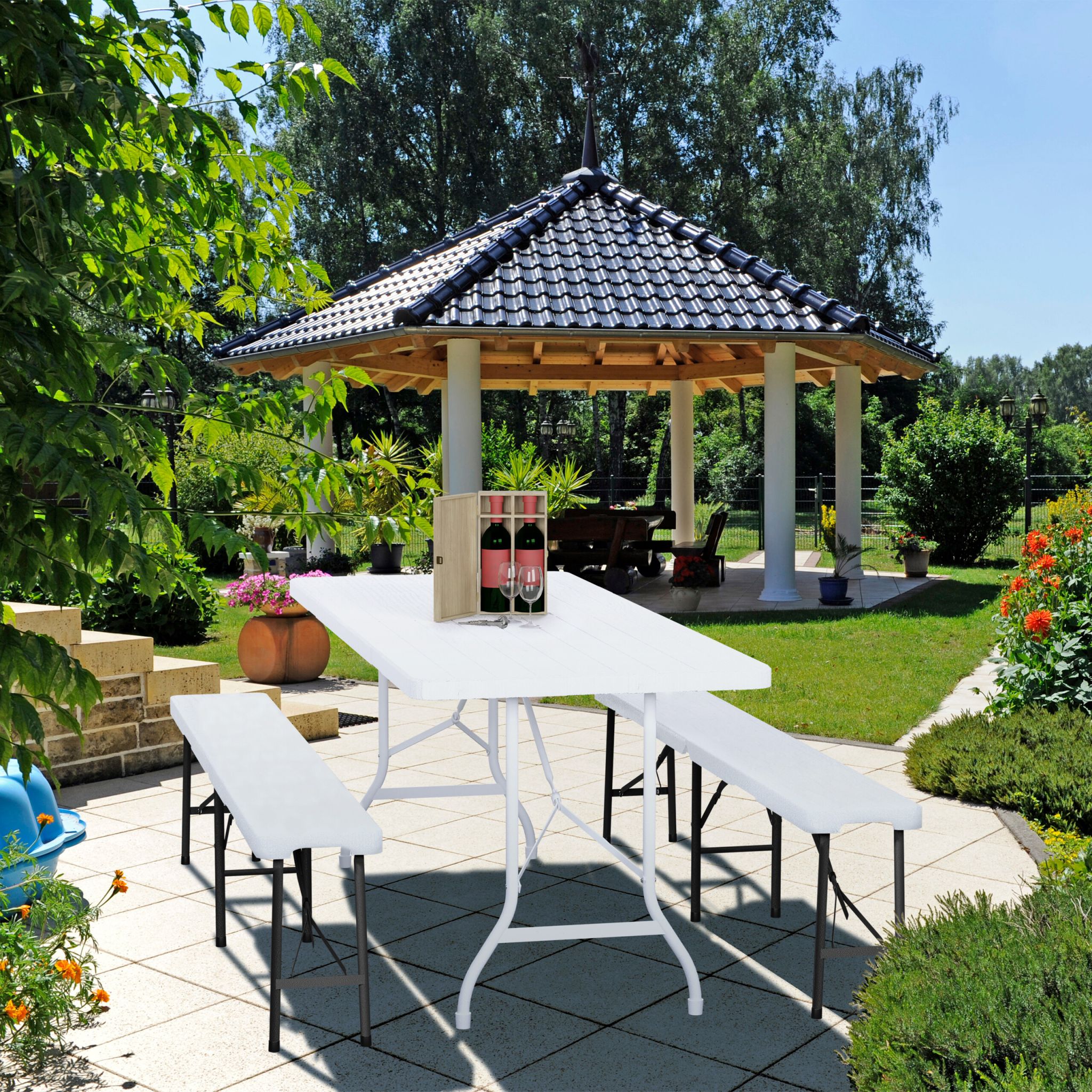 Bierbank 2er-Set 240cm Weiss-Schwarz von Relaxdays