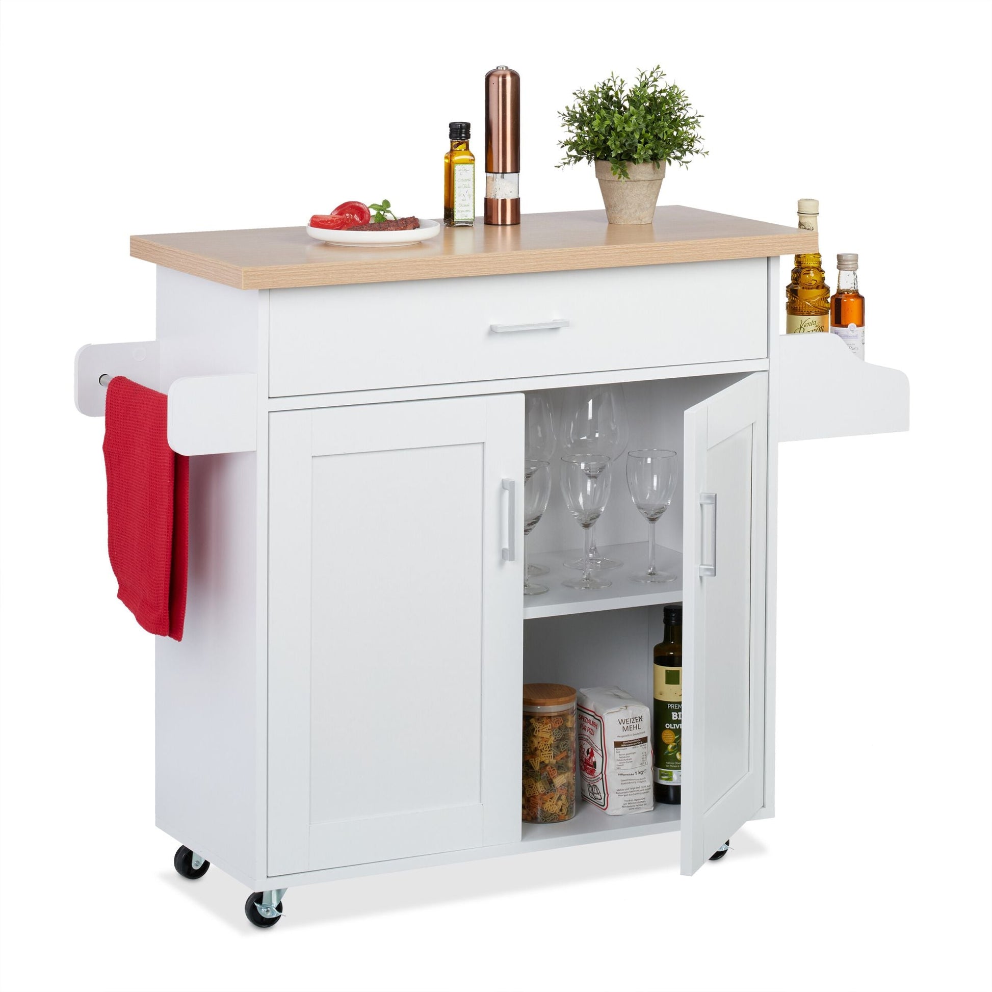 Küchenwagen mit Arbeitsplatte Weiss-Hellbraun-Silber von Relaxdays