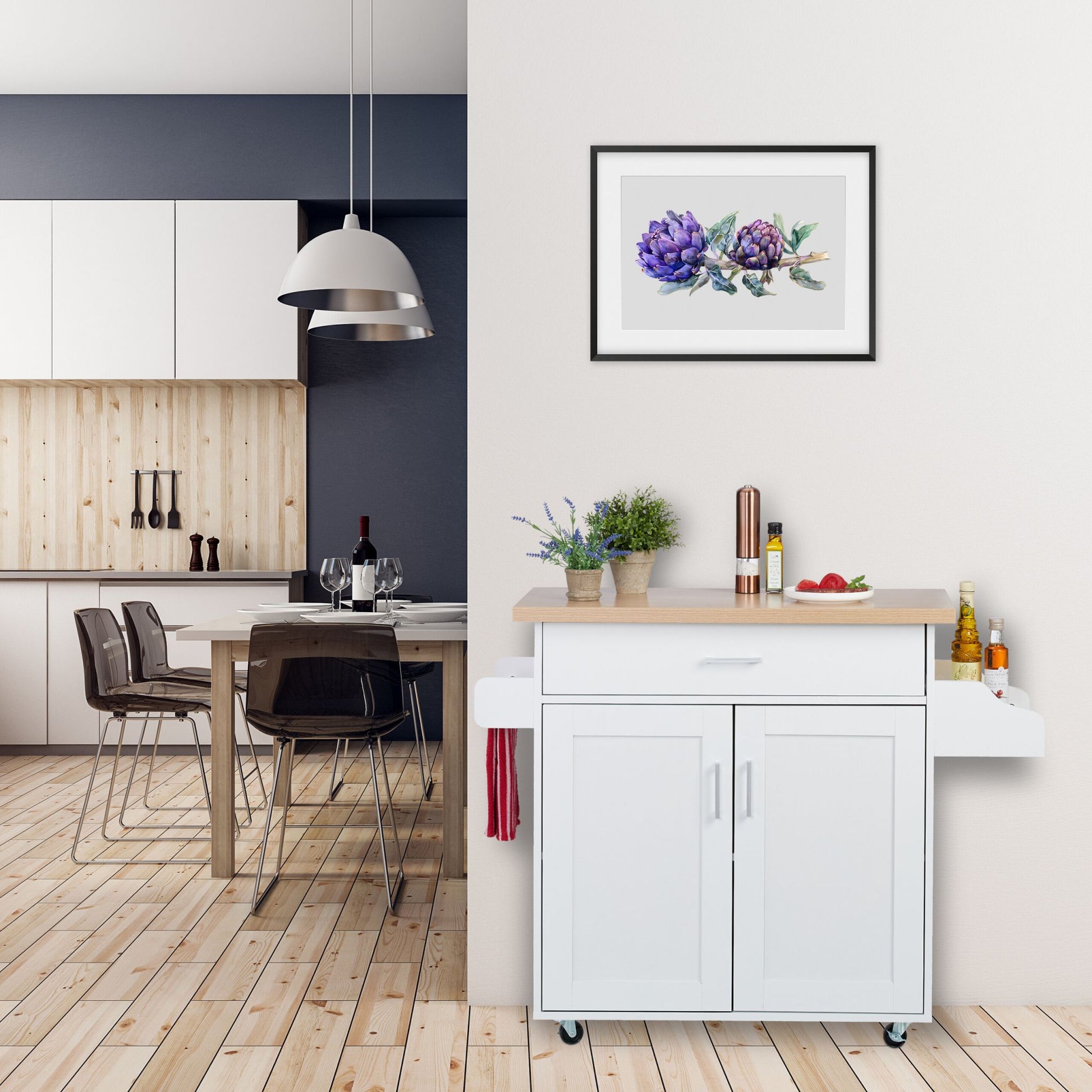 Küchenwagen mit Arbeitsplatte Weiss-Hellbraun-Silber von Relaxdays