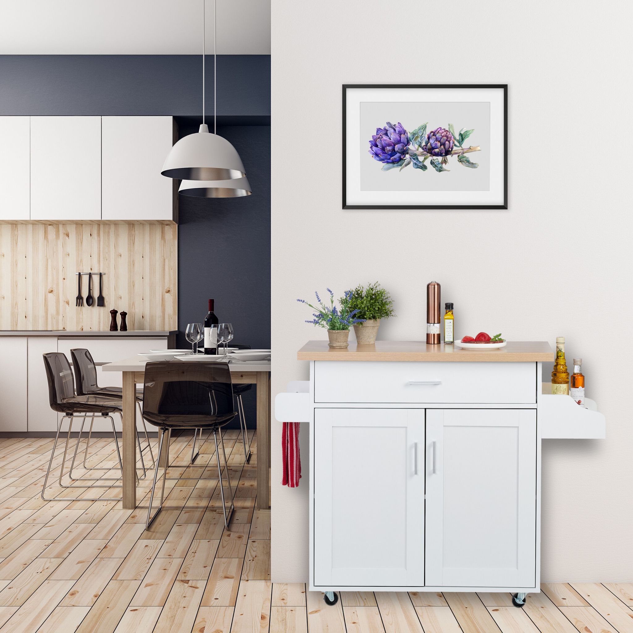 Küchenwagen mit Arbeitsplatte Weiss-Hellbraun-Silber von Relaxdays