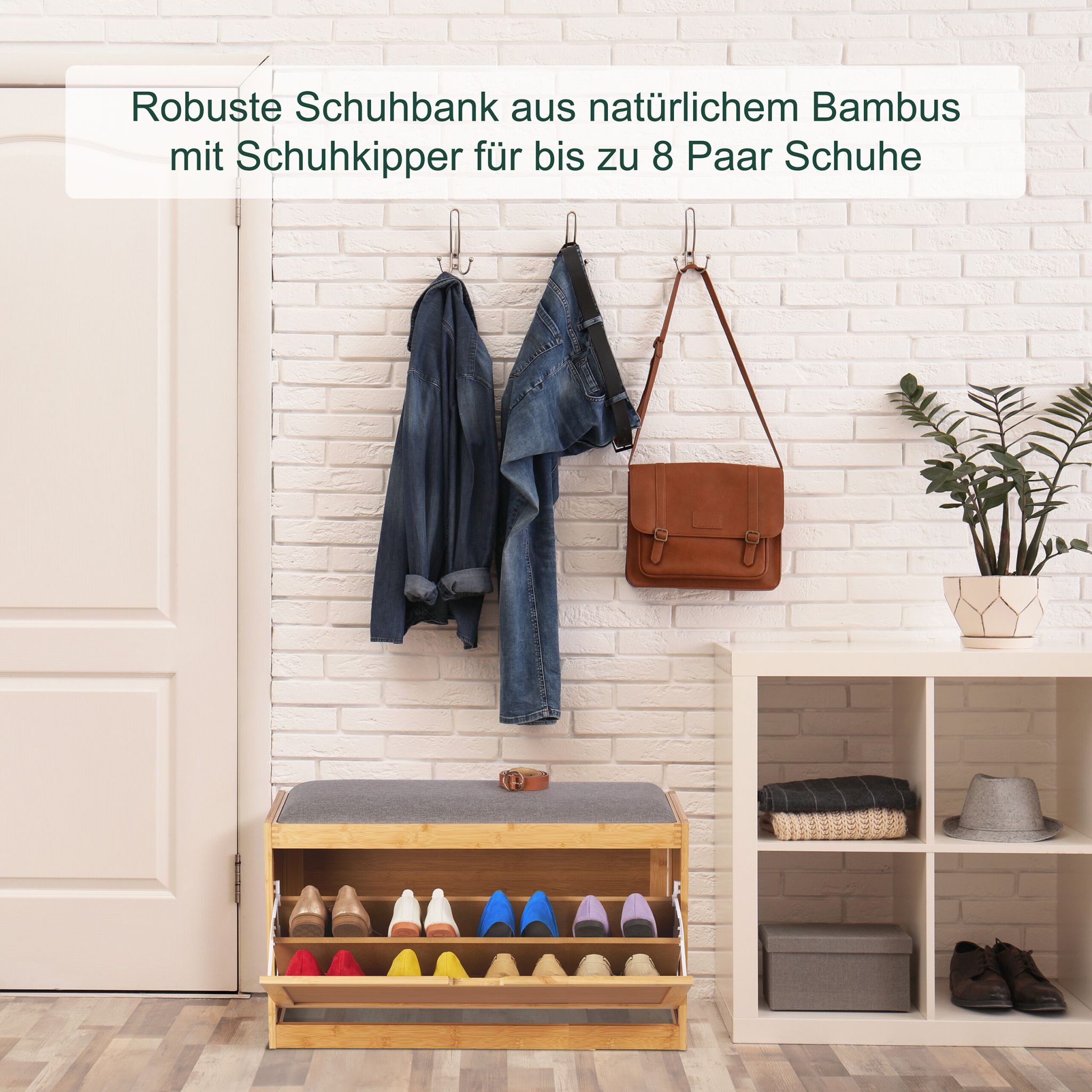Schuhbank Bambus gepolstert Hellbraun-Grau von Relaxdays