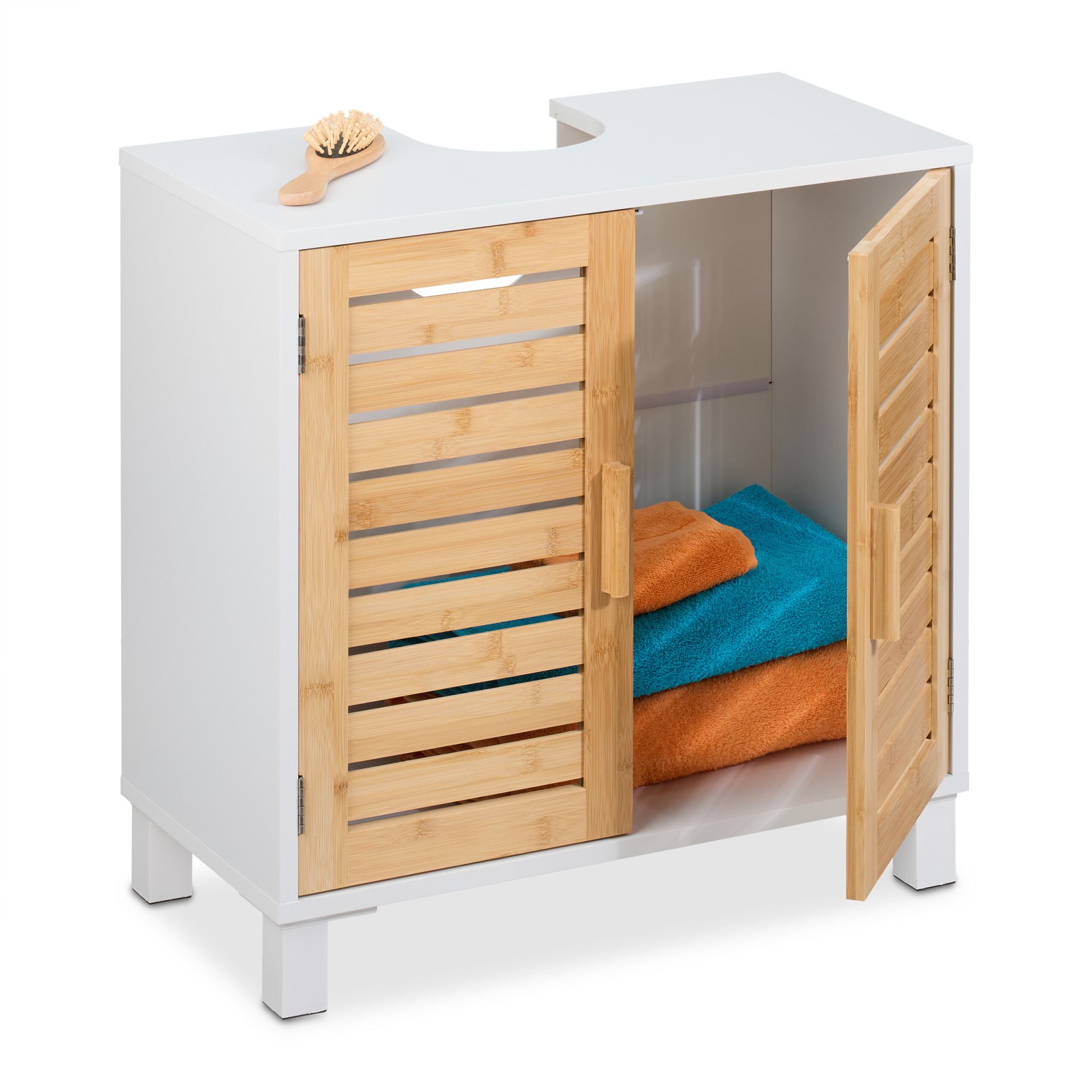 Waschbeckenunterschrank mit Bambus-Türen Weiss-Hellbraun von Relaxdays