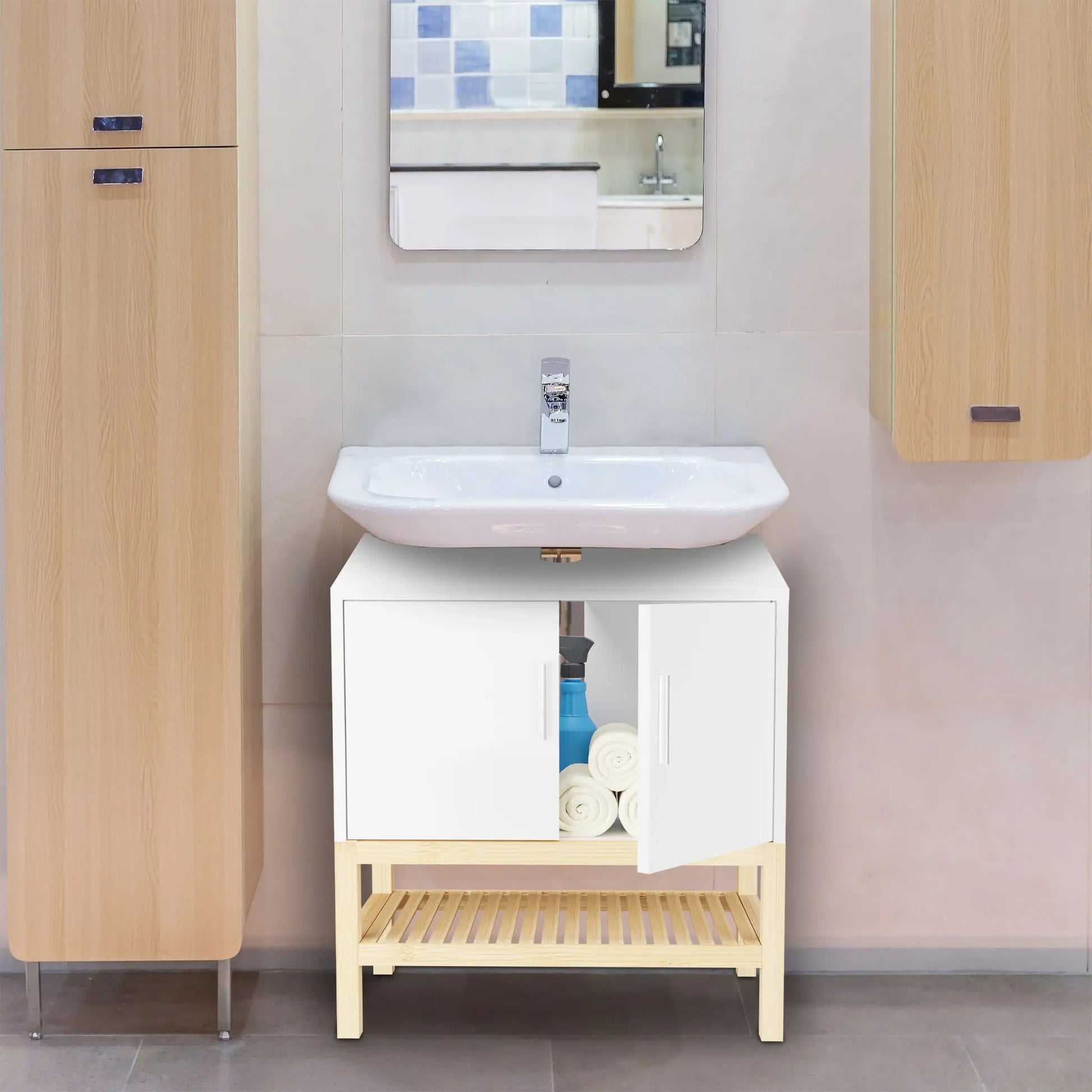 Waschbeckenunterschrank mit Ablage Weiss-Hellbraun von Relaxdays