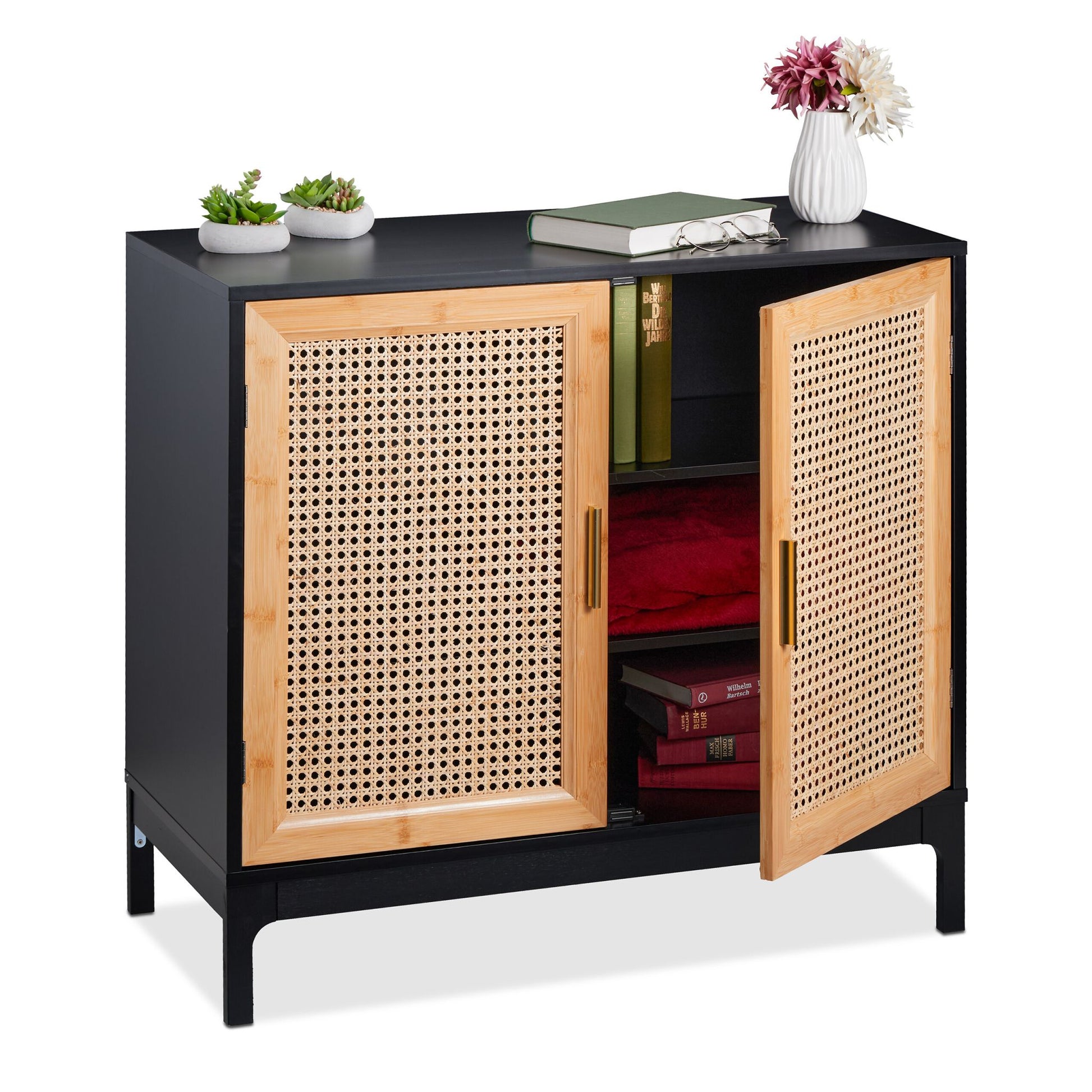 Sideboard mit 2 Rattan-Türen Gold-Hellbraun-Schwarz von Relaxdays