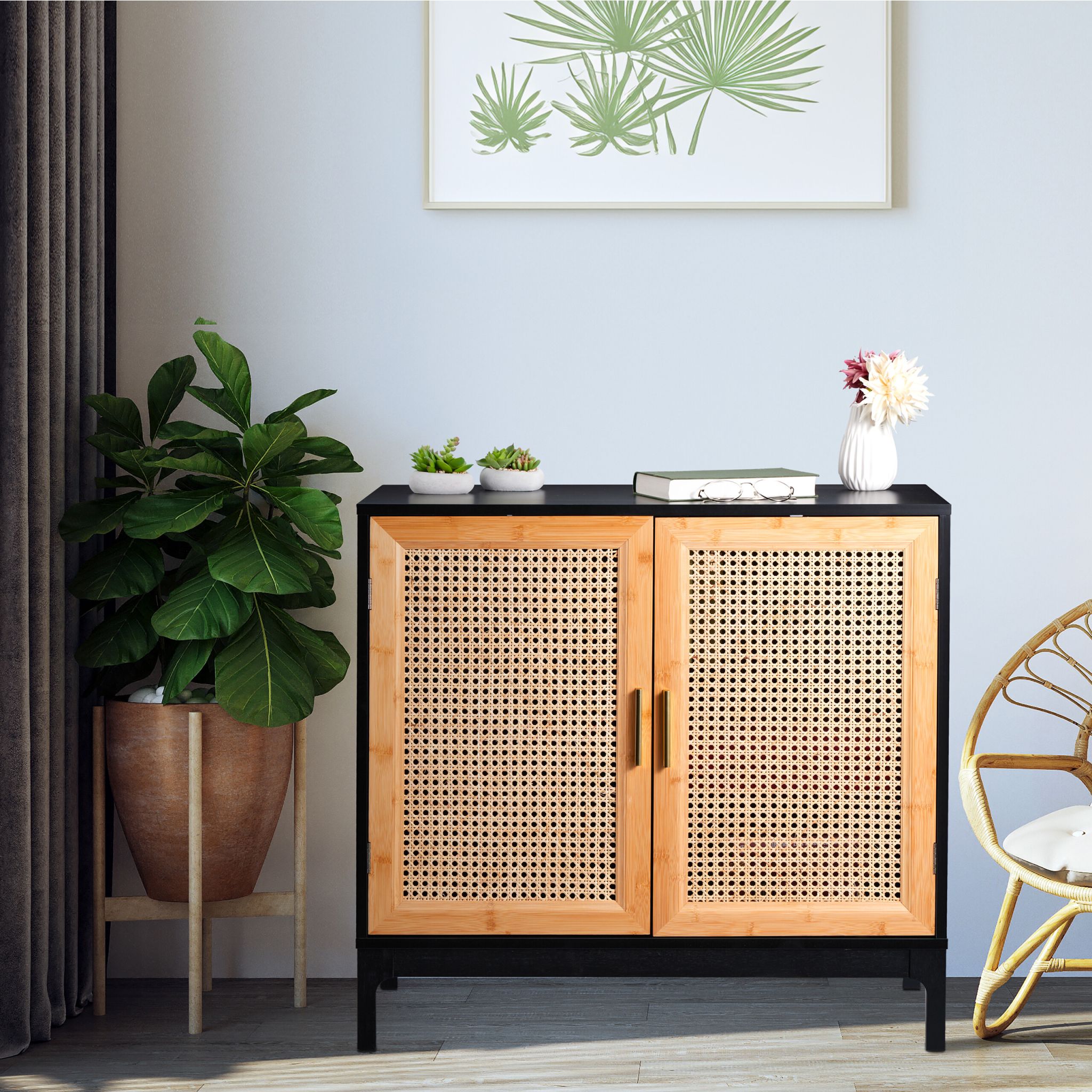Sideboard mit 2 Rattan-Türen Gold-Hellbraun-Schwarz von Relaxdays