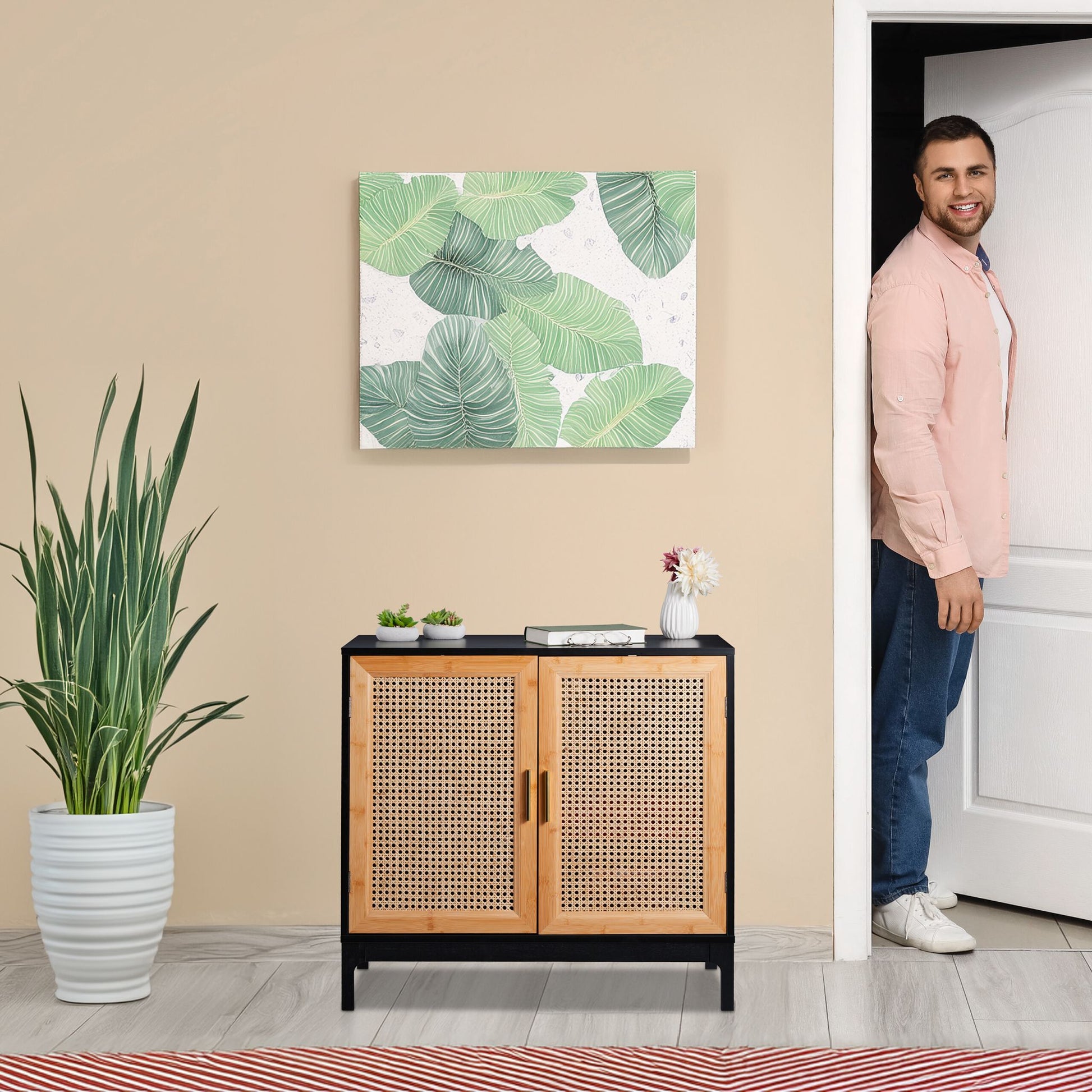 Sideboard mit 2 Rattan-Türen Gold-Hellbraun-Schwarz von Relaxdays