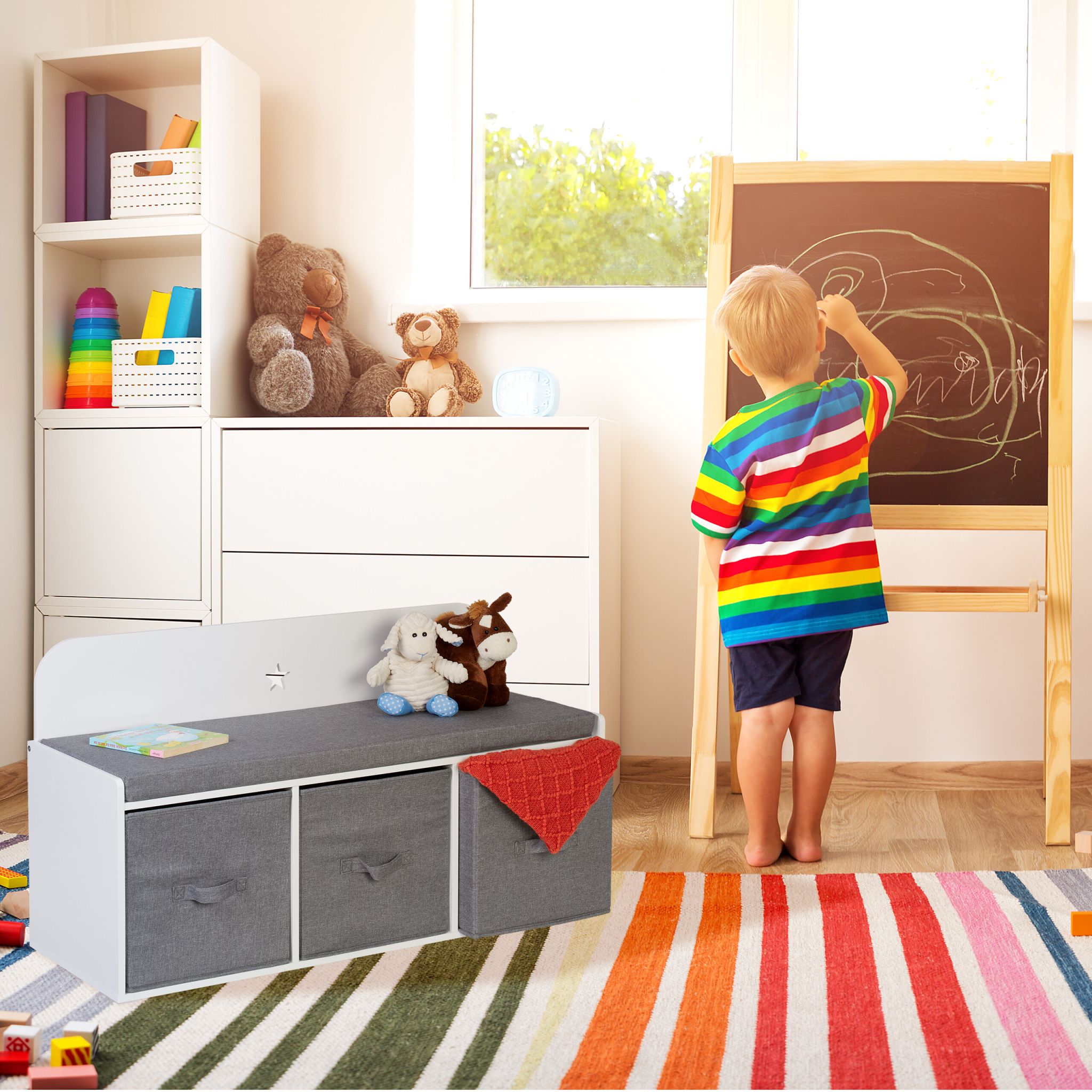 Kinderbank mit Stauraum Weiss-Grau von Relaxdays