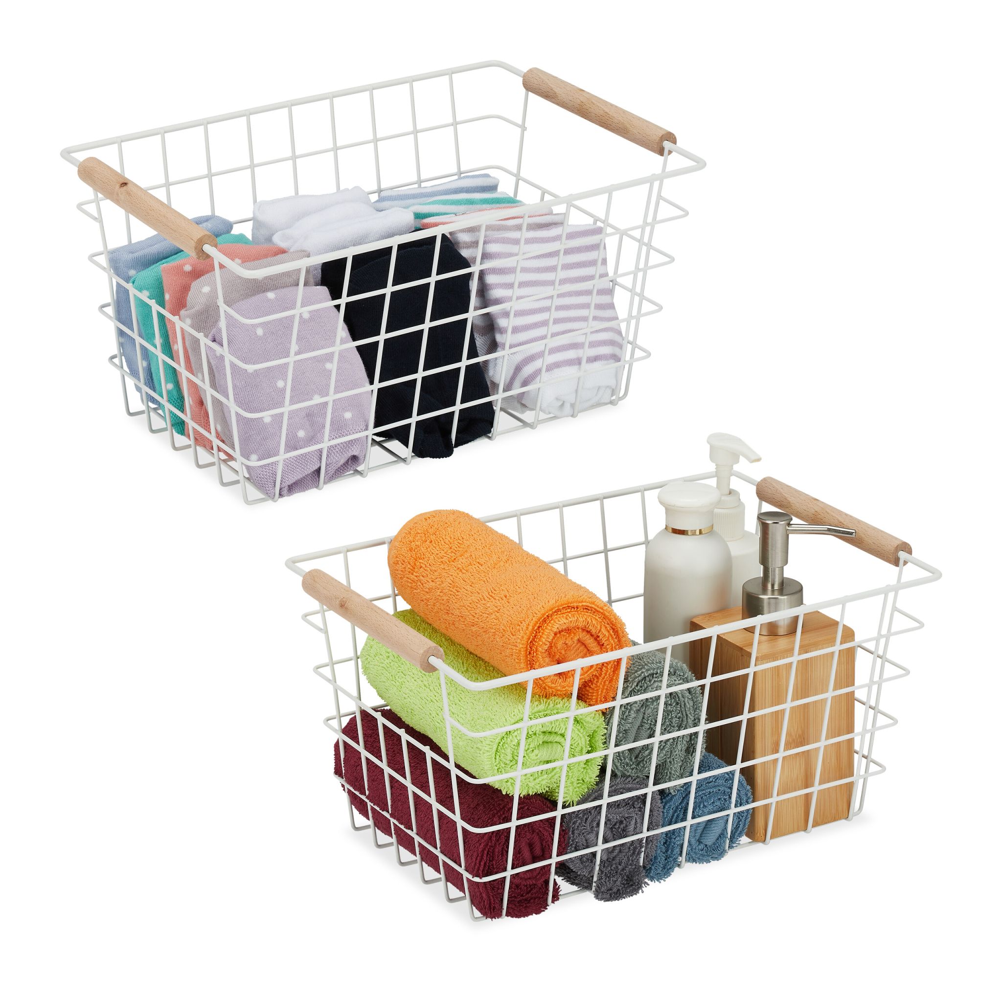 Drahtkorb mit Holzgriffen 2er-Set Weiss-Hellbraun von Relaxdays