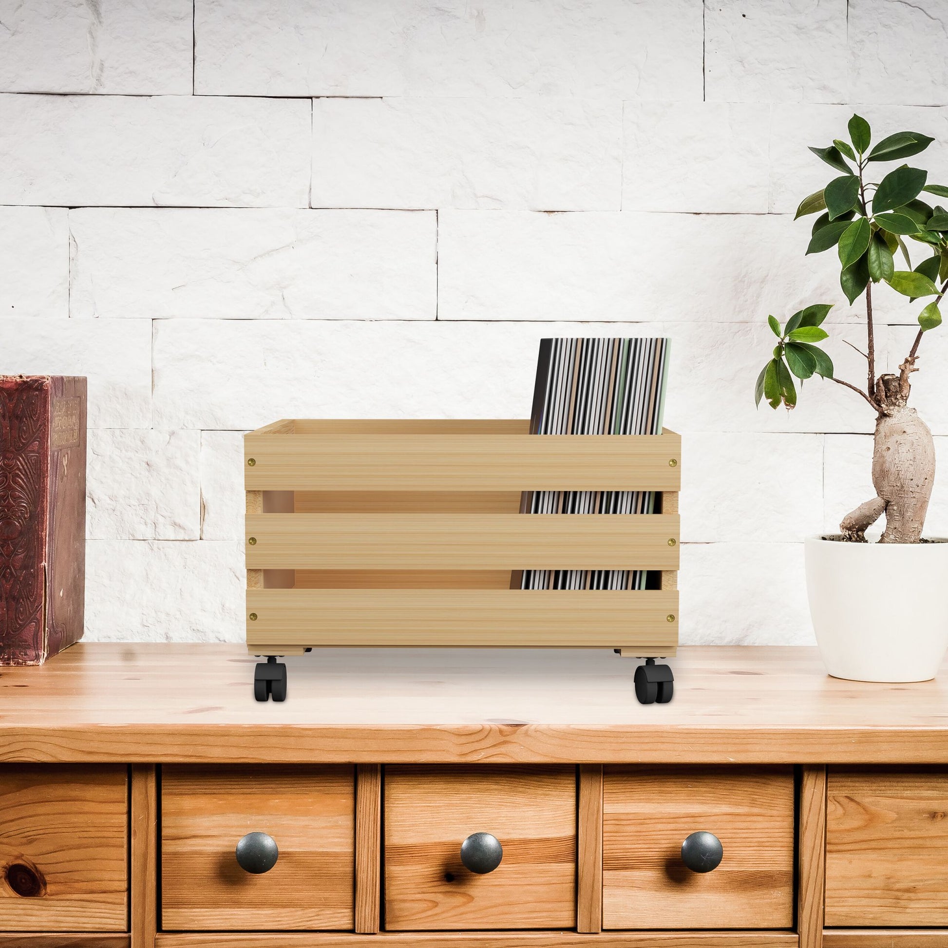 Schallplatten Kiste Bambus Hellbraun-Schwarz von Relaxdays