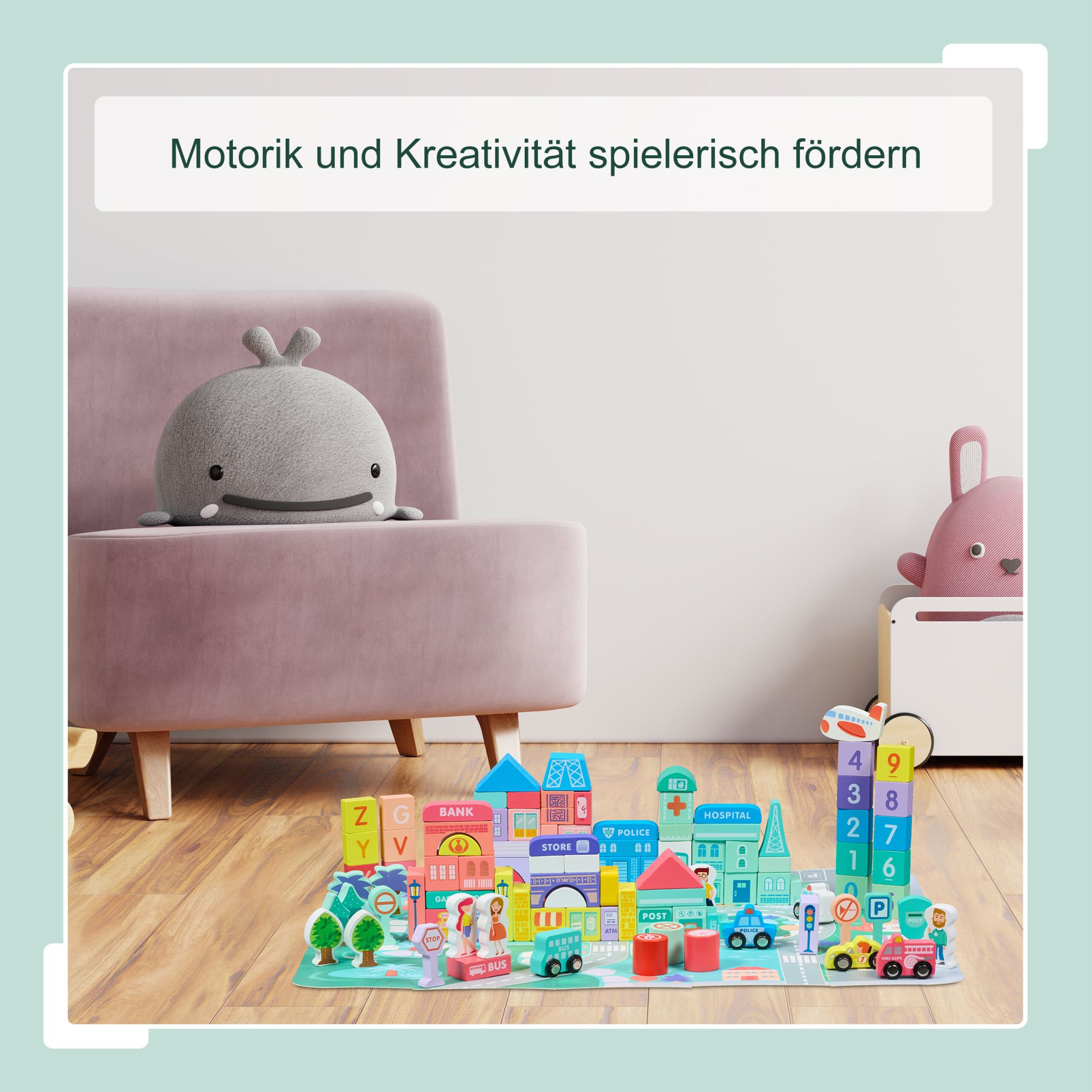 Holzbausteine Stadt Set Blau-Rosa-Türkis von Relaxdays