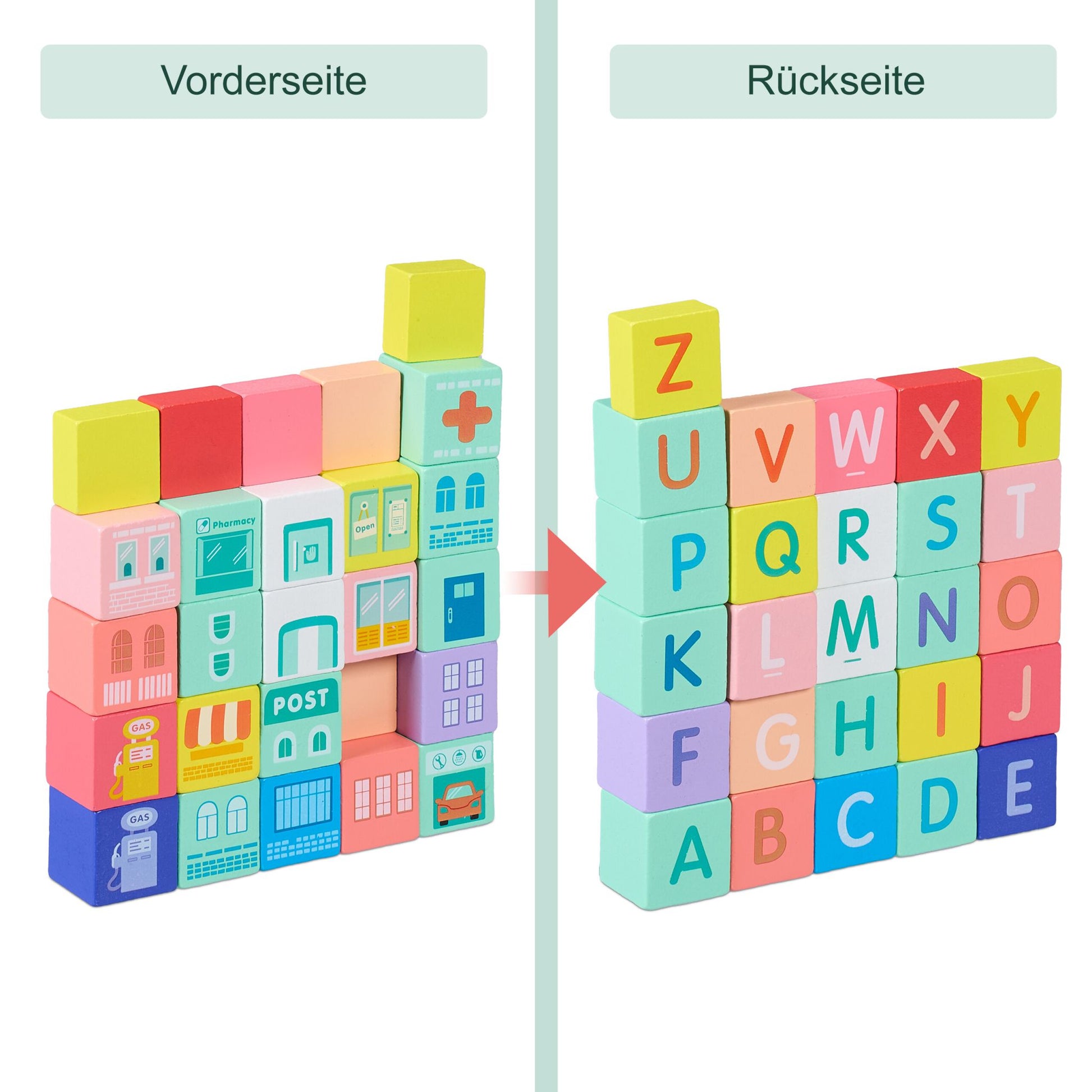 Holzbausteine Stadt Set Blau-Rosa-Türkis von Relaxdays