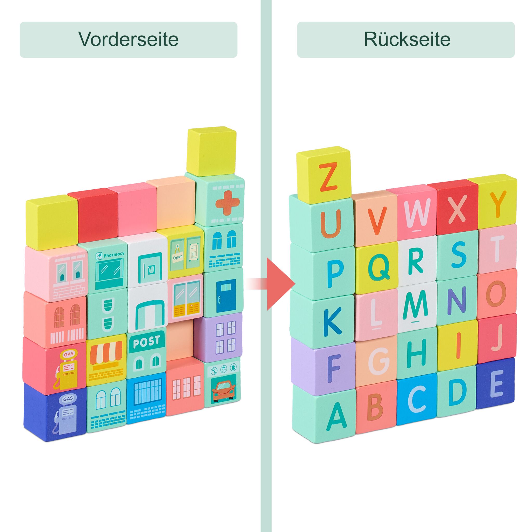Holzbausteine Stadt Set Blau-Rosa-Türkis von Relaxdays