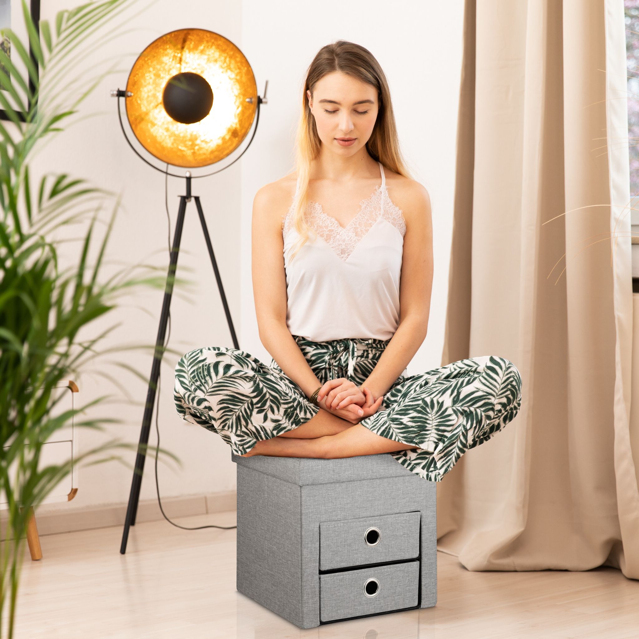 Sitzhocker mit Stauraum 2 Schubladen Grau von Relaxdays
