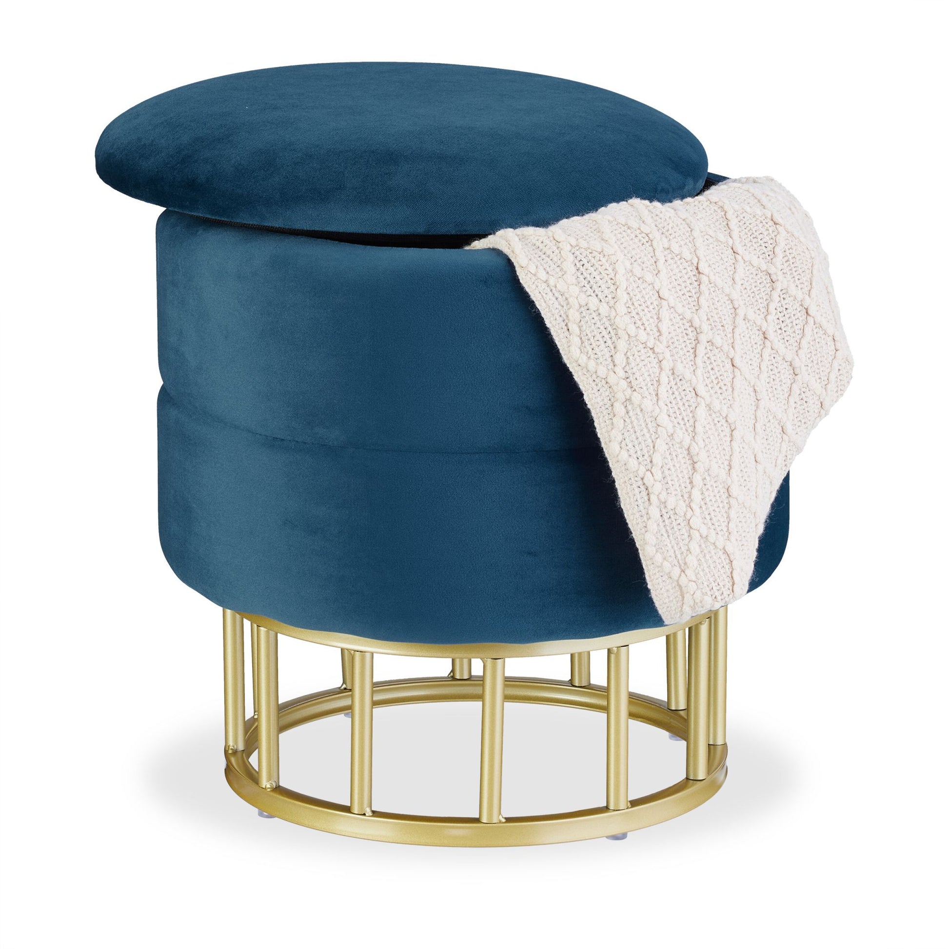 Samthocker mit Stauraum Dunkelblau-Gold von Relaxdays