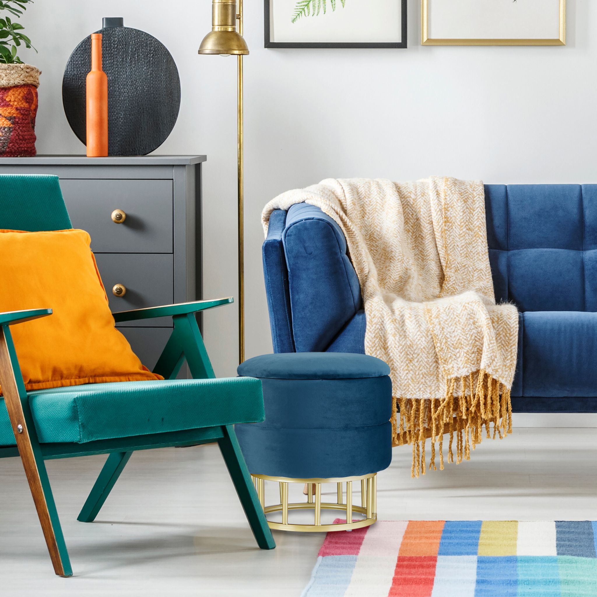 Samthocker mit Stauraum Dunkelblau-Gold von Relaxdays