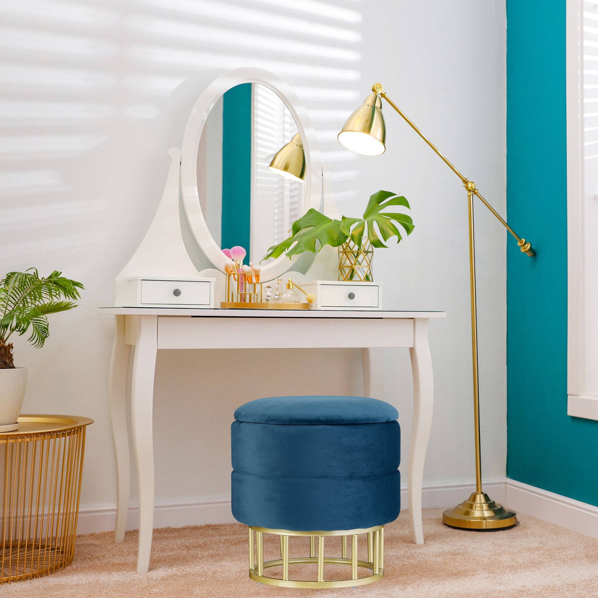 Samthocker mit Stauraum Dunkelblau-Gold von Relaxdays