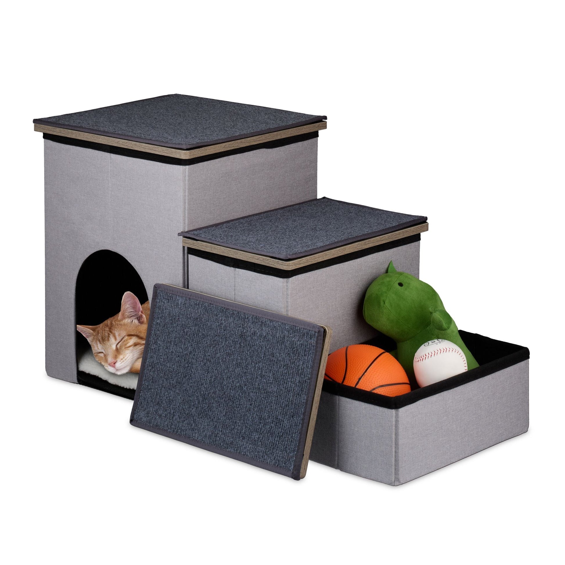 Hundetreppe 3 Stufen mit Höhle Anthrazit-Weiss-Grau von Relaxdays
