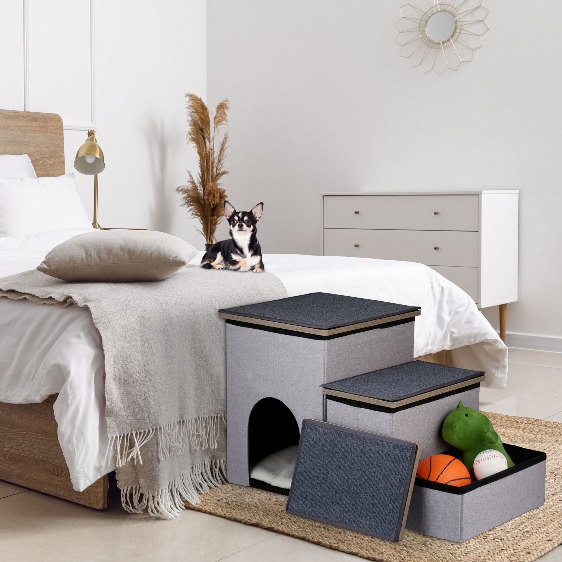 Hundetreppe 3 Stufen mit Höhle Anthrazit-Weiss-Grau von Relaxdays