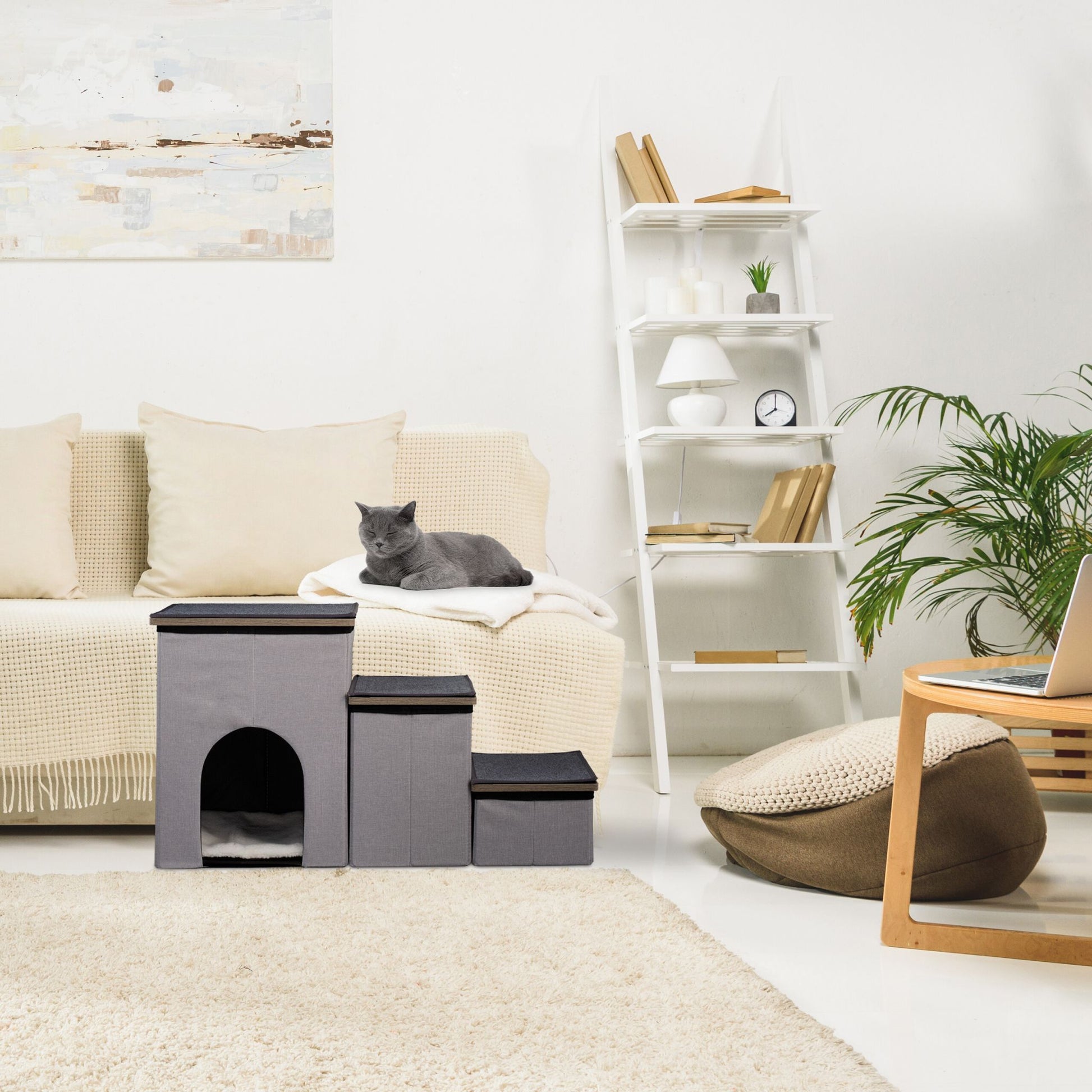 Hundetreppe 3 Stufen mit Höhle Anthrazit-Weiss-Grau von Relaxdays