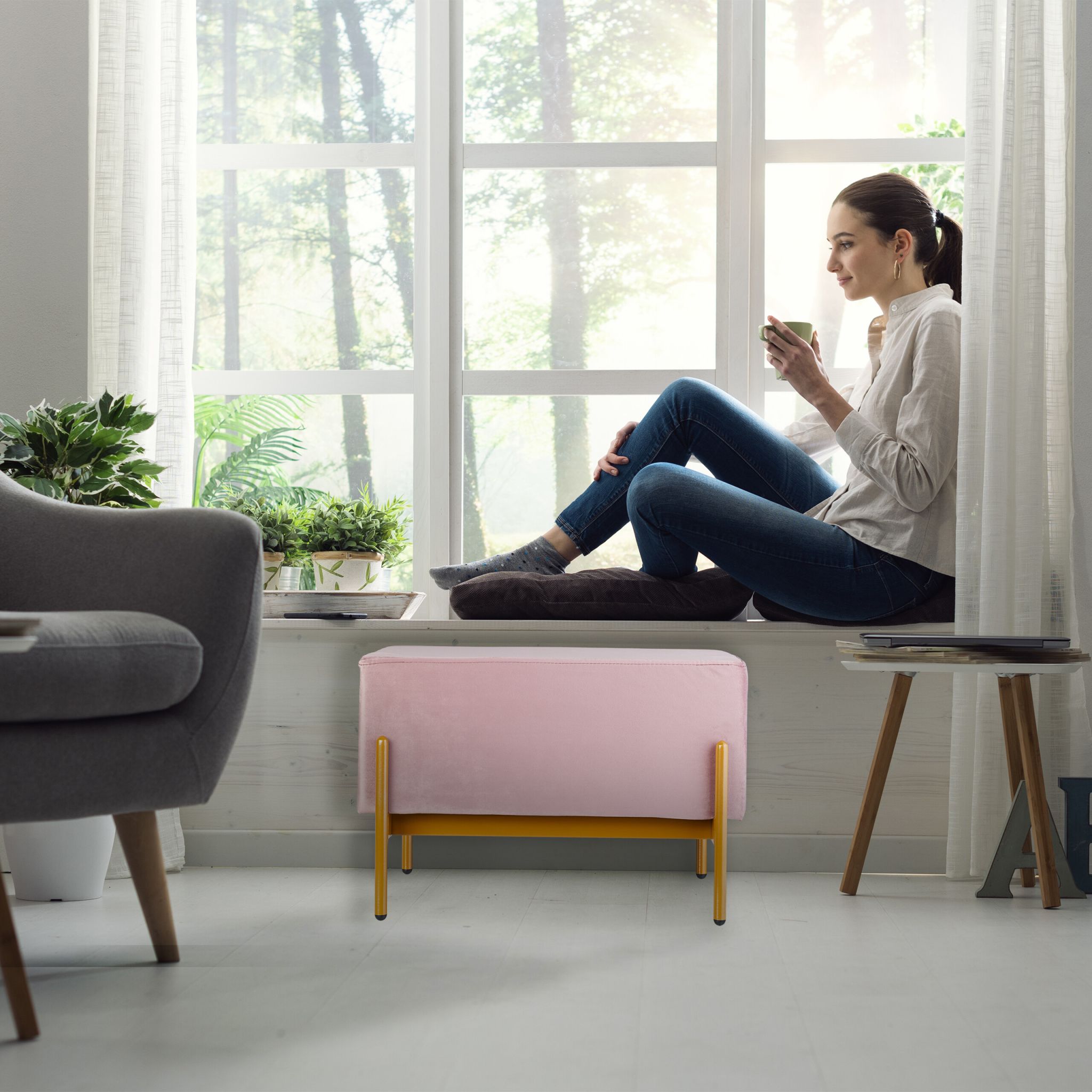Sitzbank Samt Beige-Grau von Relaxdays