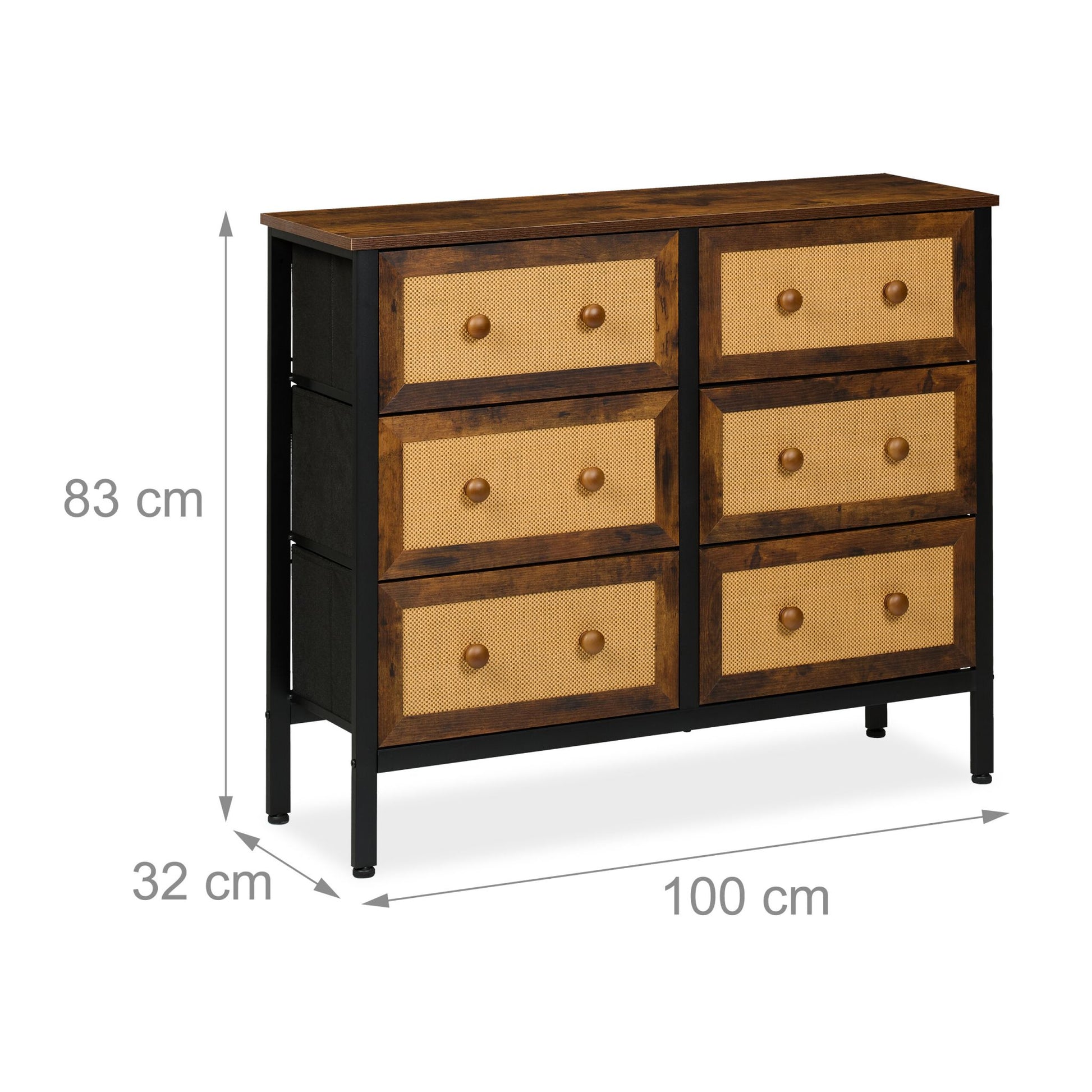 Kommode mit 6 Schubladen in Rattan-Optik Dunkelbraun-Hellbraun-Schwarz von Relaxdays