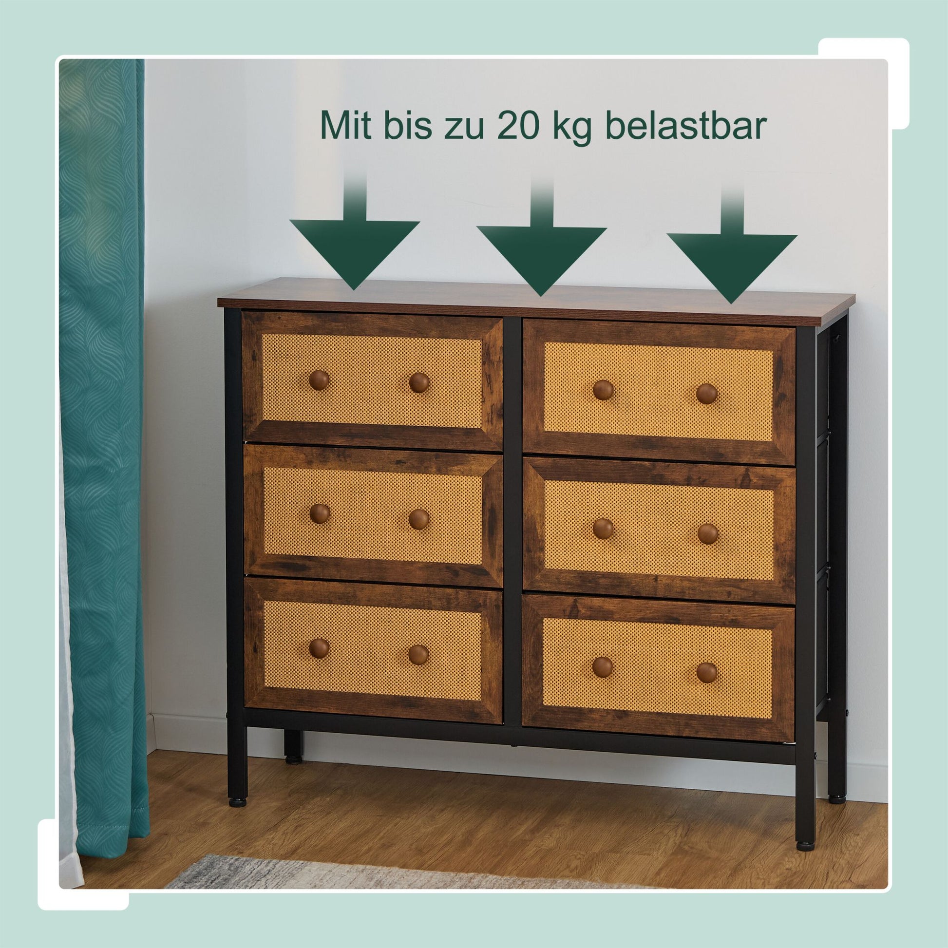 Kommode mit 6 Schubladen in Rattan-Optik Dunkelbraun-Hellbraun-Schwarz von Relaxdays