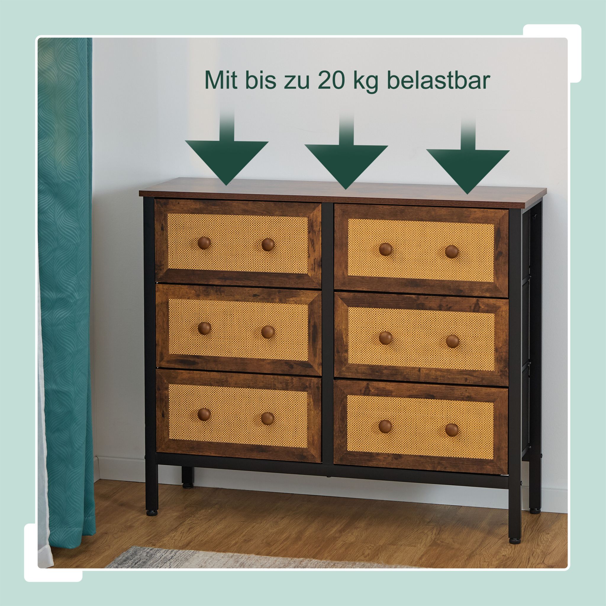 Kommode mit 6 Schubladen in Rattan-Optik Dunkelbraun-Hellbraun-Schwarz von Relaxdays