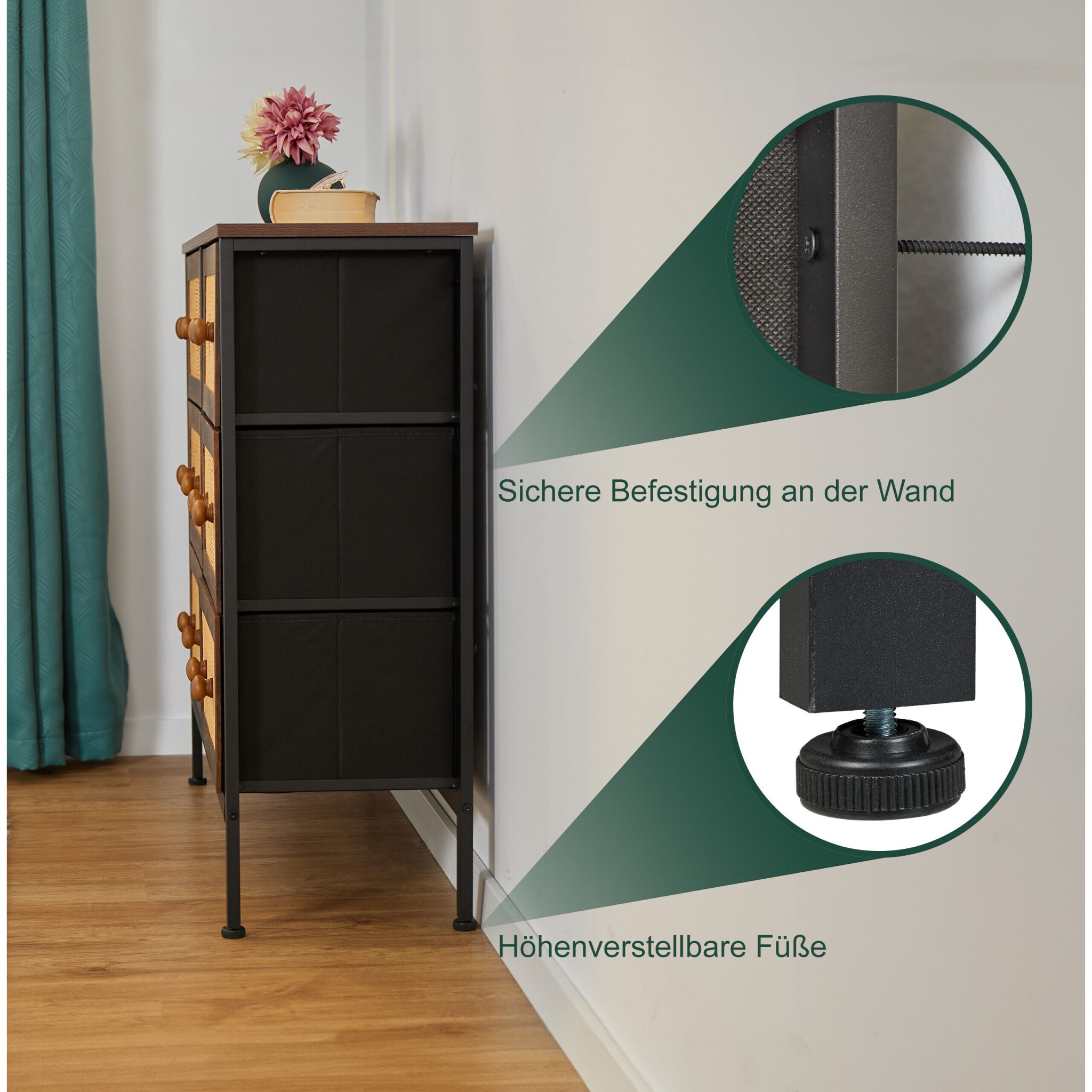 Kommode mit 6 Schubladen in Rattan-Optik Dunkelbraun-Hellbraun-Schwarz von Relaxdays