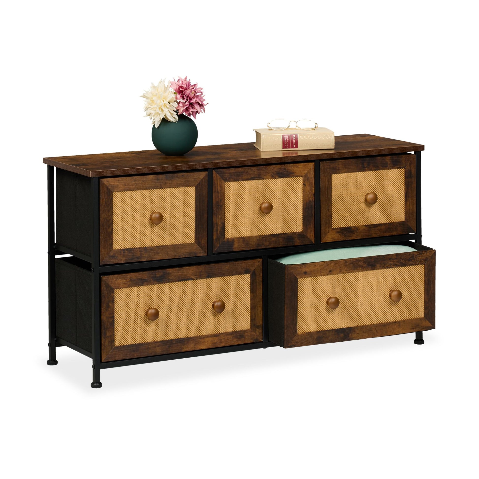 Kommode mit 5 Schubladen in Rattan-Optik Dunkelbraun-Hellbraun-Schwarz von Relaxdays