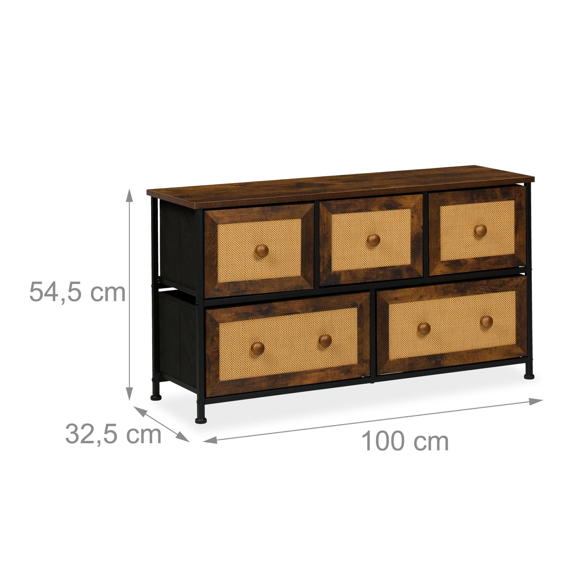 Kommode mit 5 Schubladen in Rattan-Optik Dunkelbraun-Hellbraun-Schwarz von Relaxdays