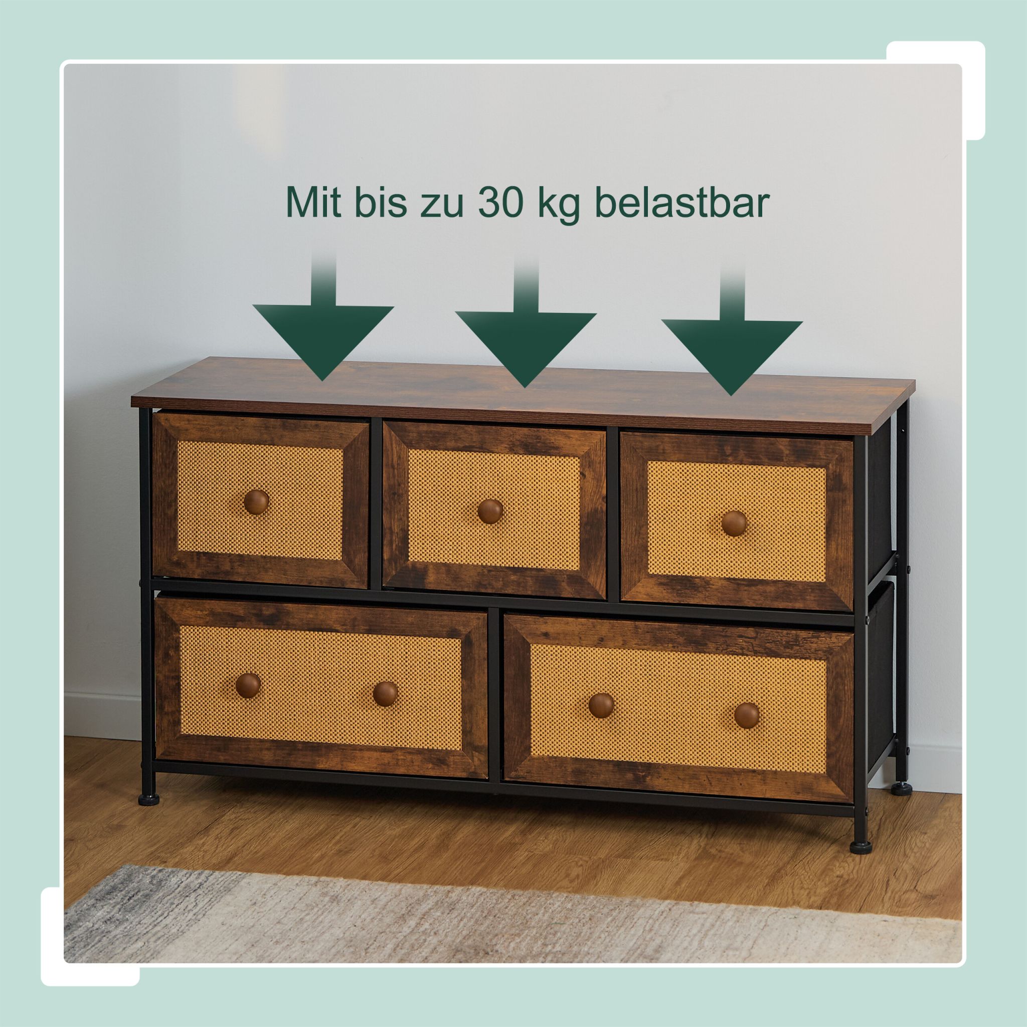 Kommode mit 5 Schubladen in Rattan-Optik Dunkelbraun-Hellbraun-Schwarz von Relaxdays