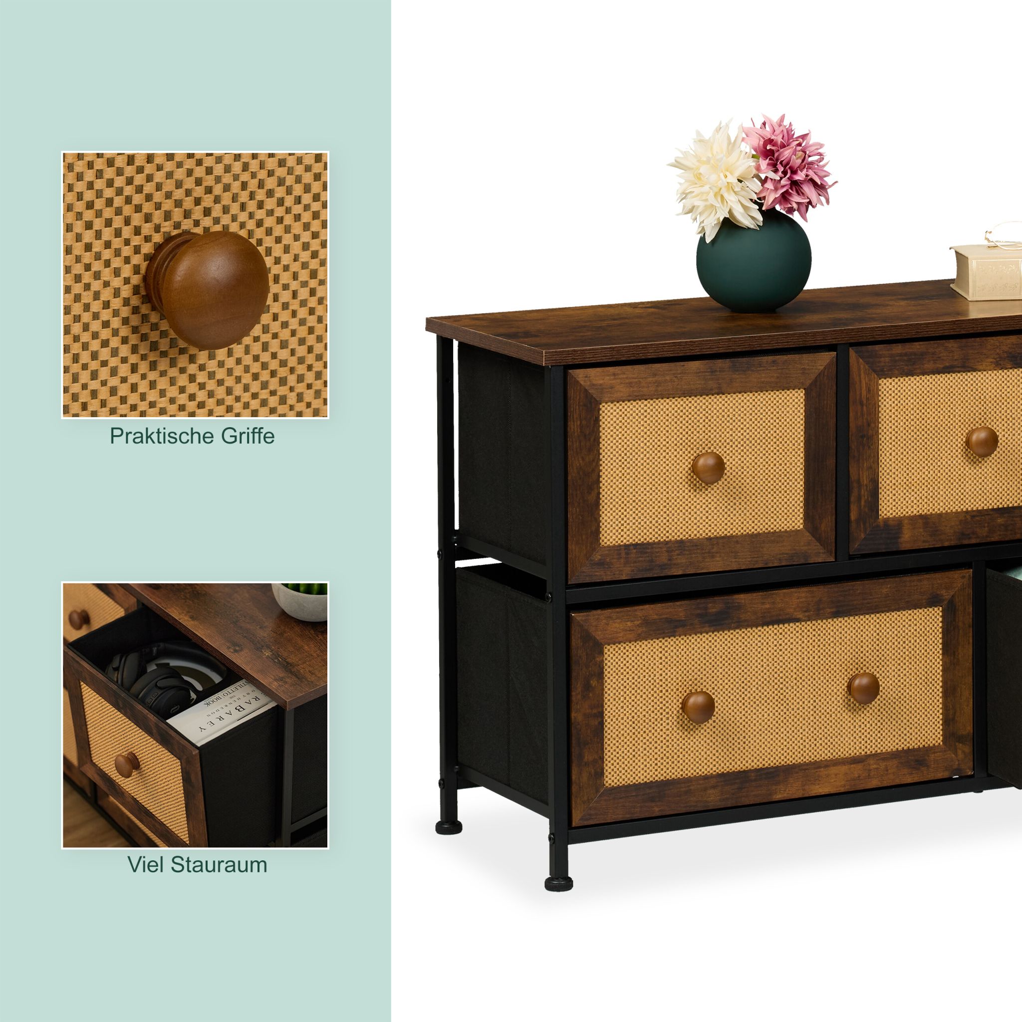 Kommode mit 5 Schubladen in Rattan-Optik Dunkelbraun-Hellbraun-Schwarz von Relaxdays