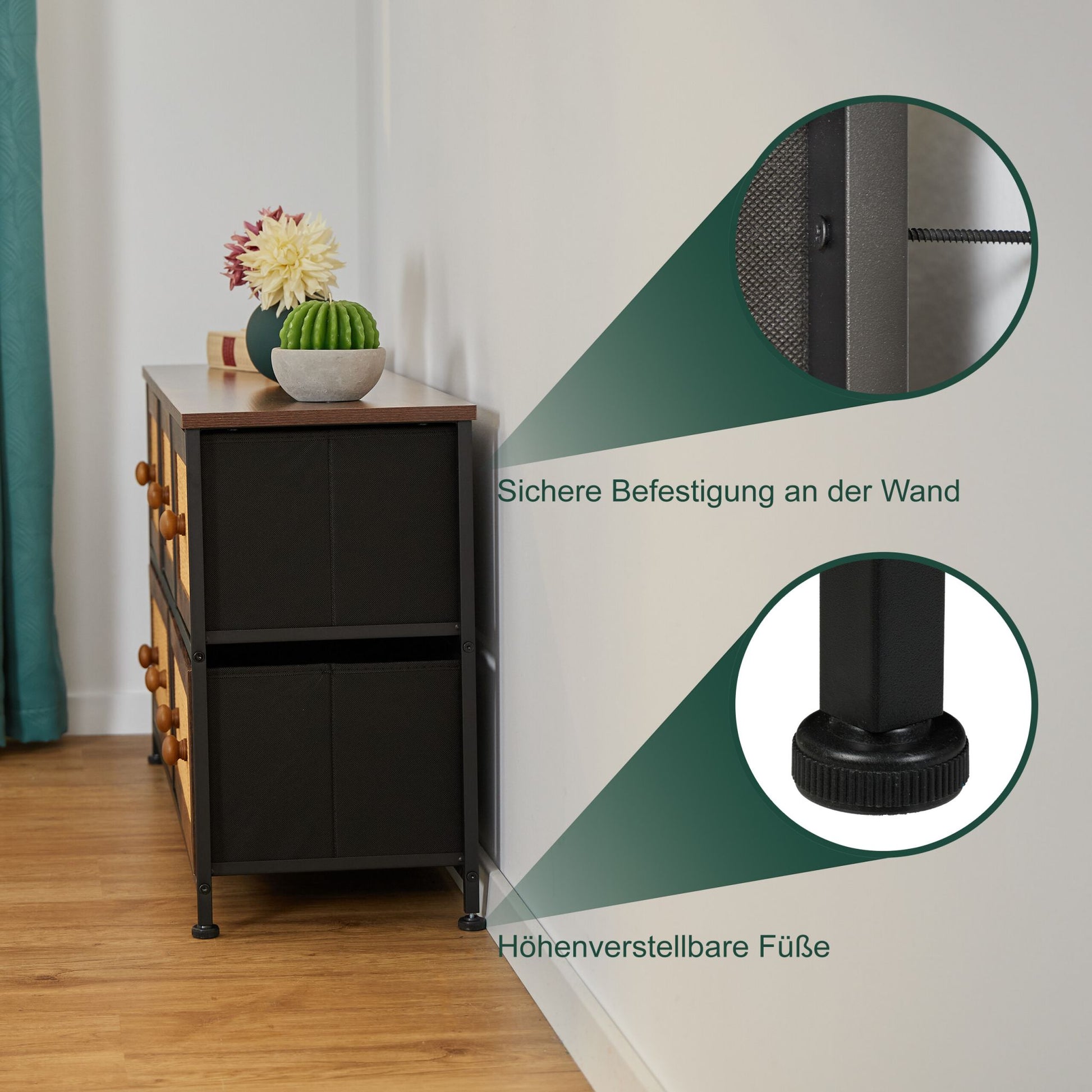 Kommode mit 5 Schubladen in Rattan-Optik Dunkelbraun-Hellbraun-Schwarz von Relaxdays