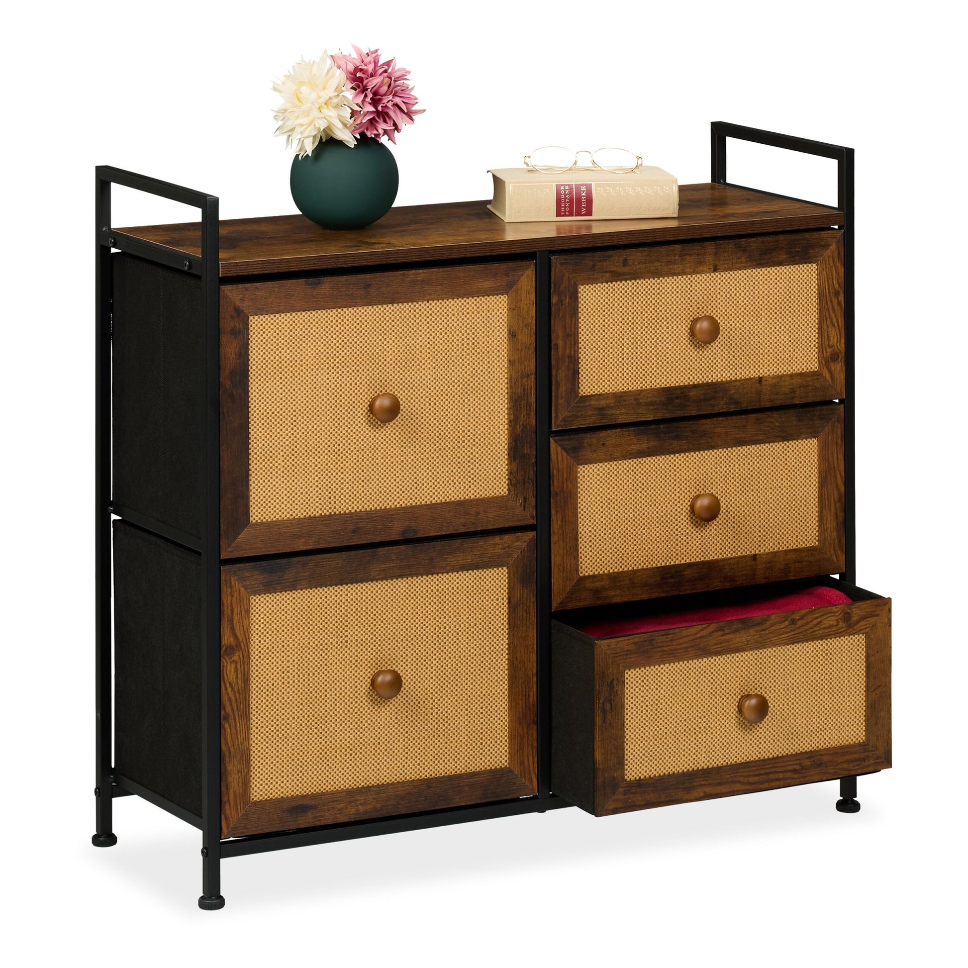 Kommode mit 5 Schubladen in Rattan-Optik Dunkelbraun-Hellbraun-Schwarz von Relaxdays